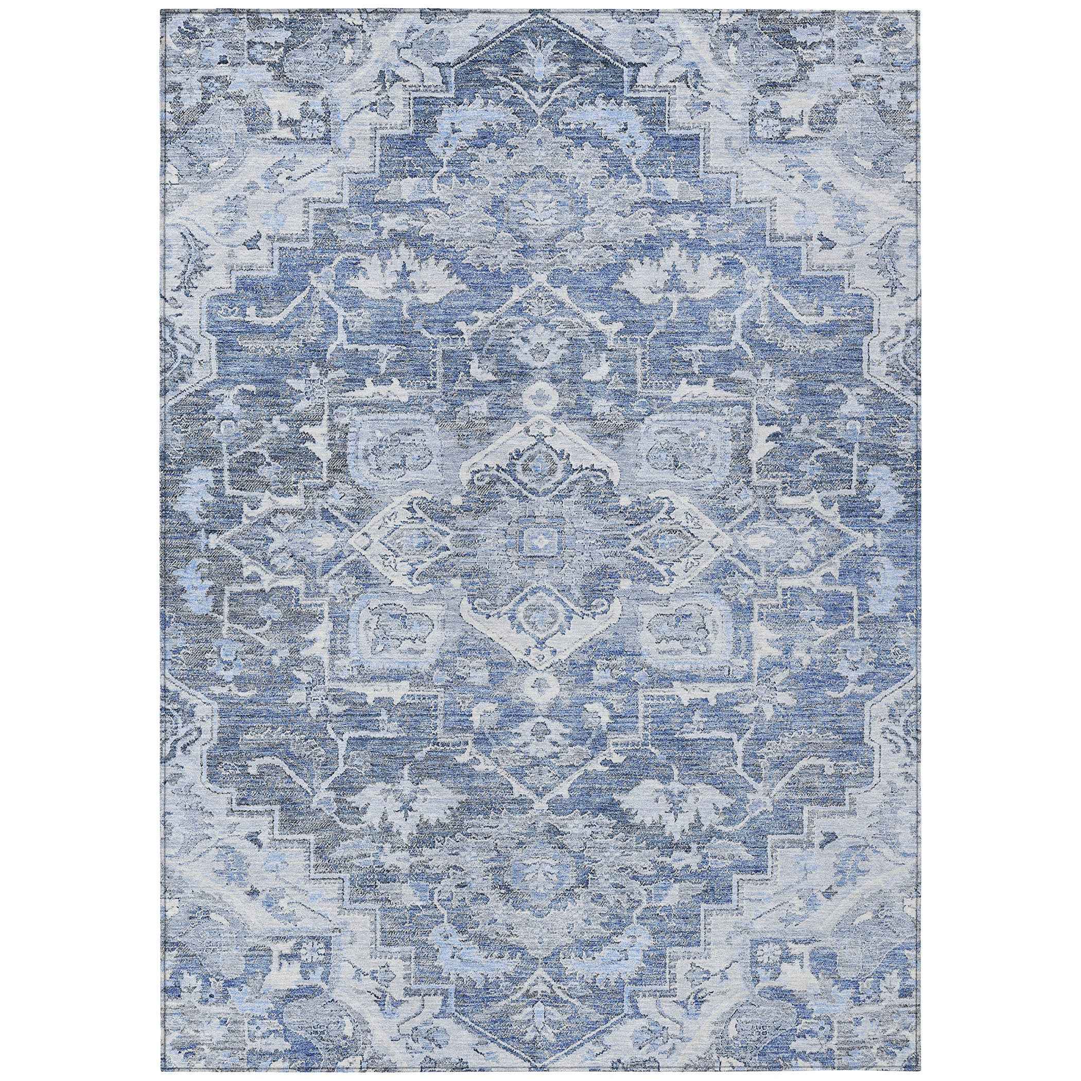 8' X 10' Denim Blue And Sky Blue Oriental Washable Indoor Outdoor Area Rug