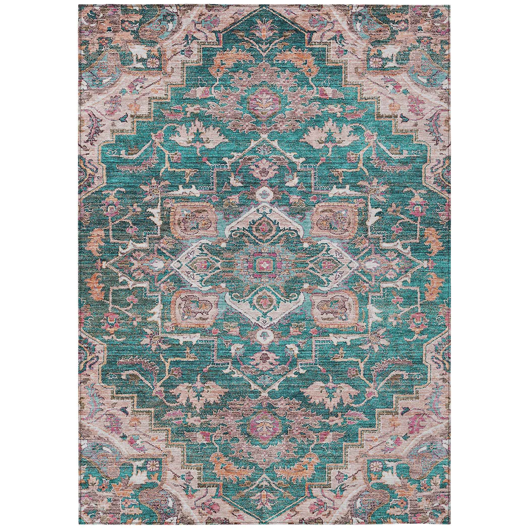 8' X 10' Emerald Teal Blue And Beige Oriental Washable Indoor Outdoor Area Rug