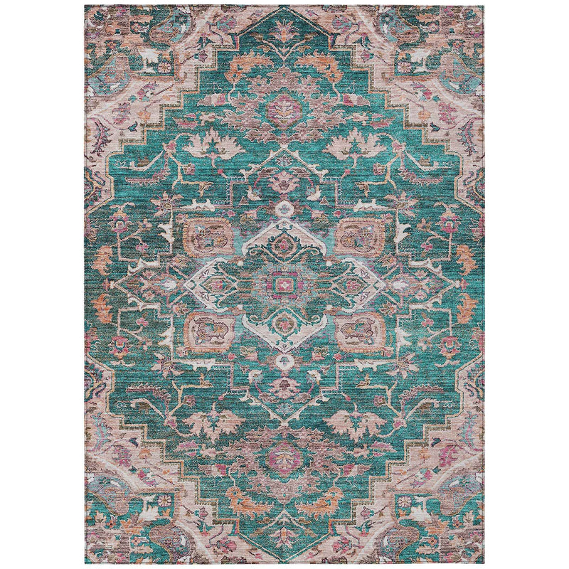 8' X 10' Emerald Teal Blue And Beige Oriental Washable Indoor Outdoor Area Rug