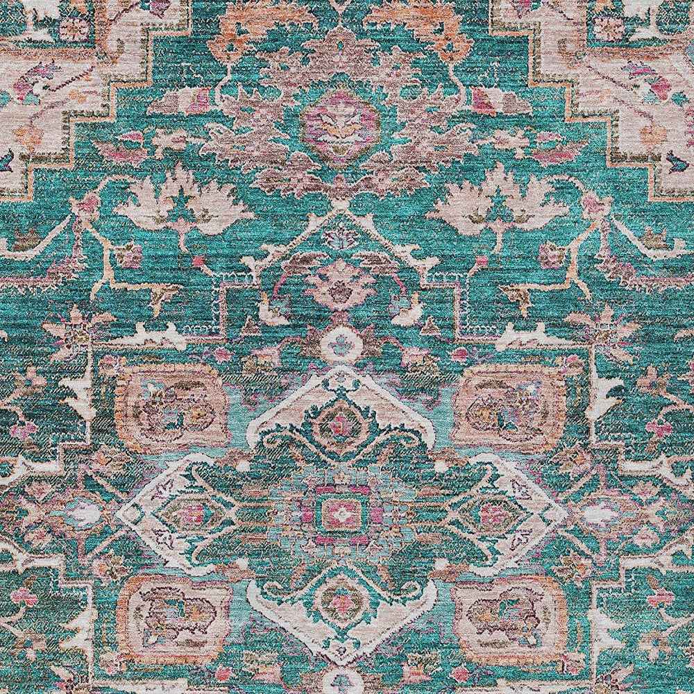 8' X 10' Emerald Teal Blue And Beige Oriental Washable Indoor Outdoor Area Rug