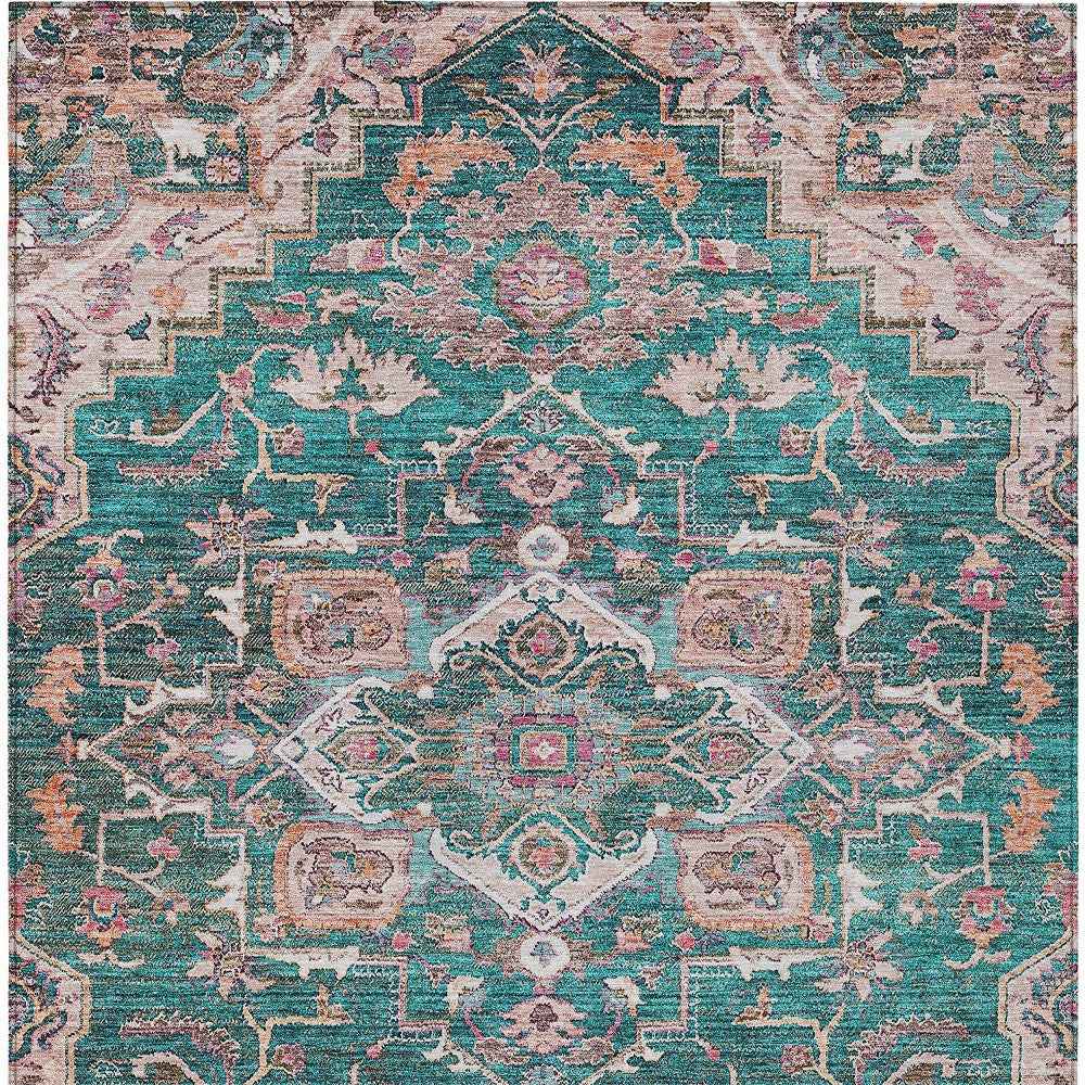 8' X 10' Emerald Teal Blue And Beige Oriental Washable Indoor Outdoor Area Rug
