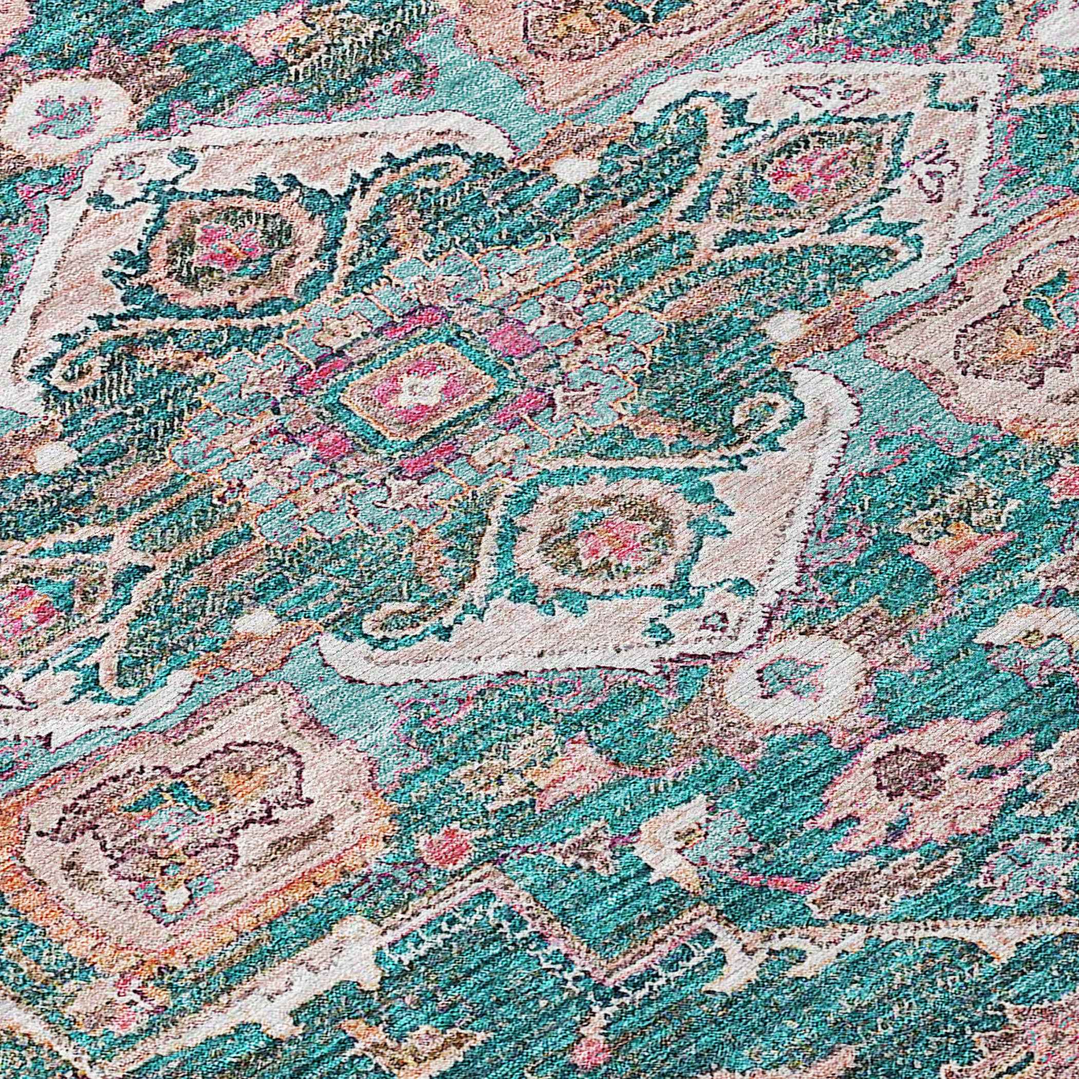 8' X 10' Emerald Teal Blue And Beige Oriental Washable Indoor Outdoor Area Rug