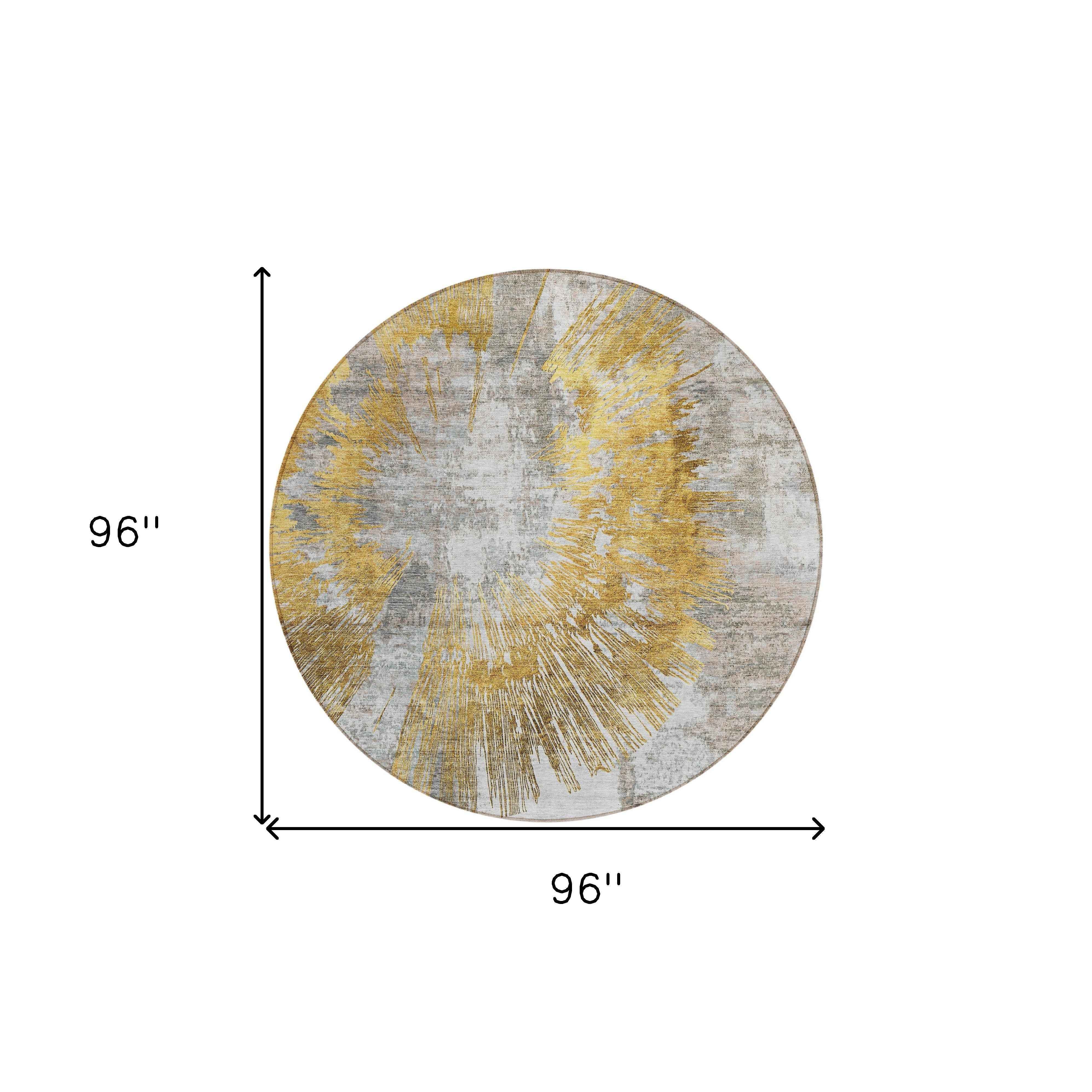 8' Gold Beige And Ivory Round Abstract Washable Indoor Outdoor Area Rug