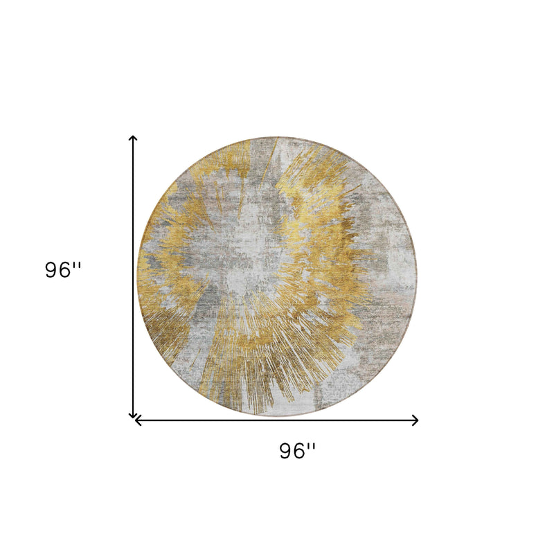 8' Gold Beige And Ivory Round Abstract Washable Indoor Outdoor Area Rug