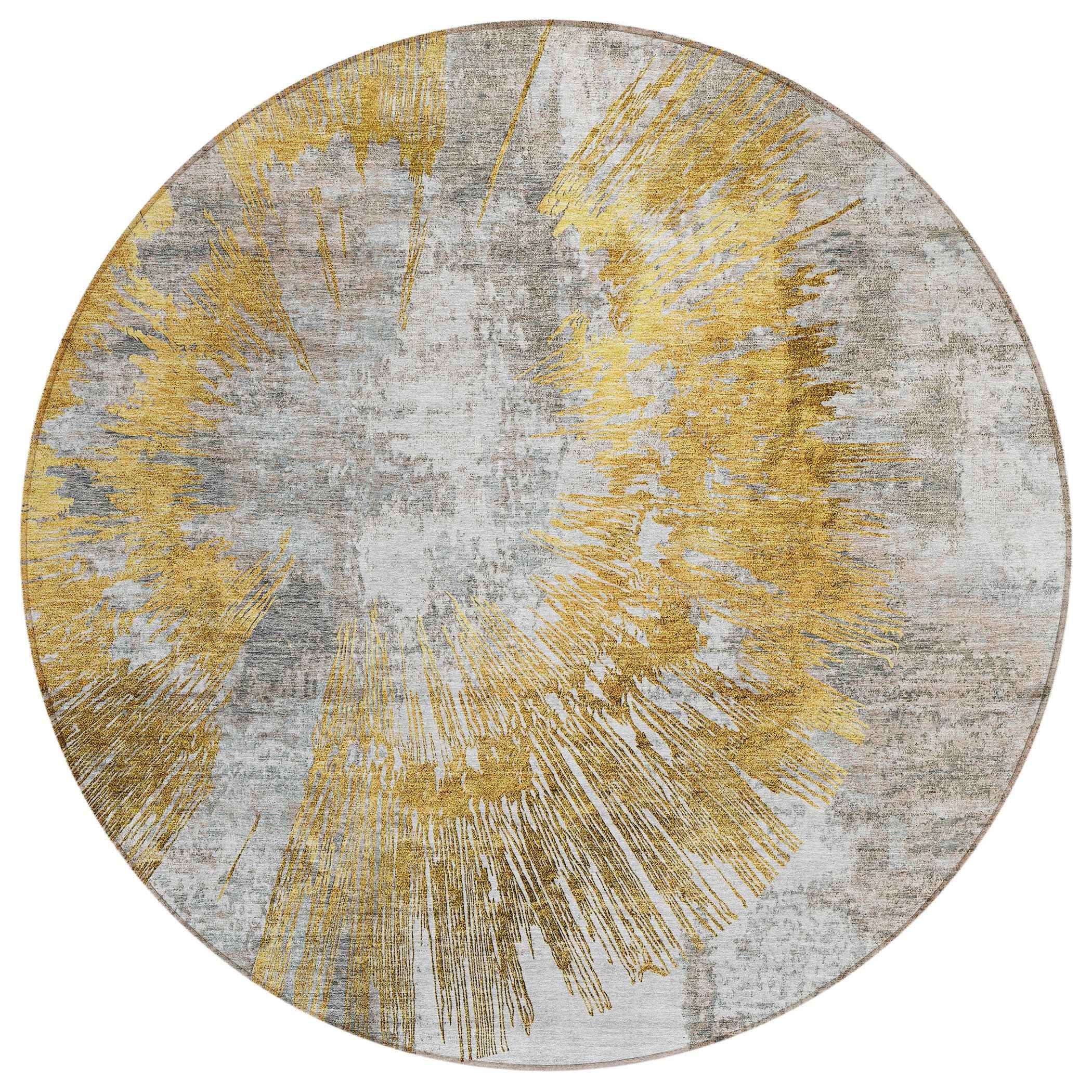 8' Gold Beige And Ivory Round Abstract Washable Indoor Outdoor Area Rug