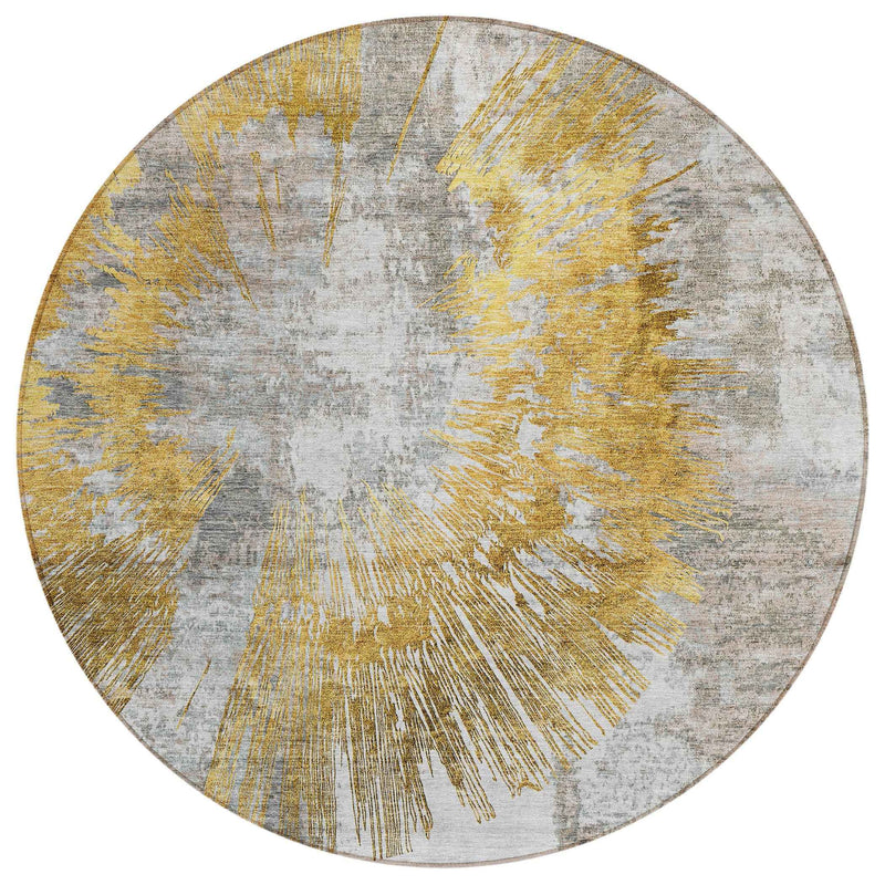 8' Gold Beige And Ivory Round Abstract Washable Indoor Outdoor Area Rug