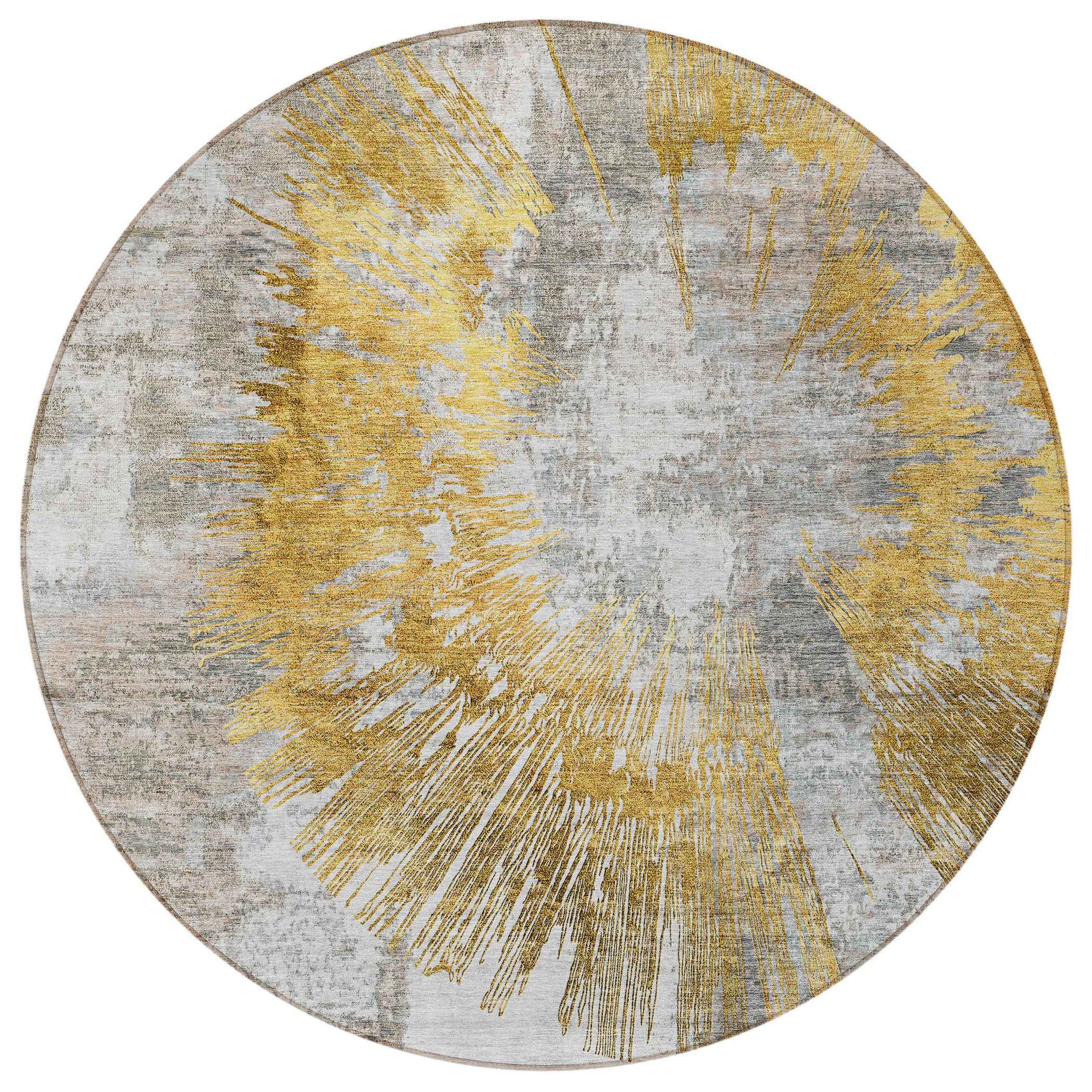 8' Gold Beige And Ivory Round Abstract Washable Indoor Outdoor Area Rug