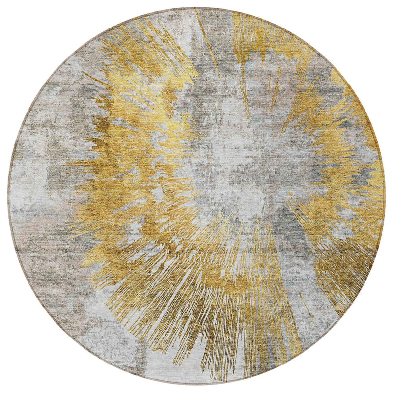 8' Gold Beige And Ivory Round Abstract Washable Indoor Outdoor Area Rug