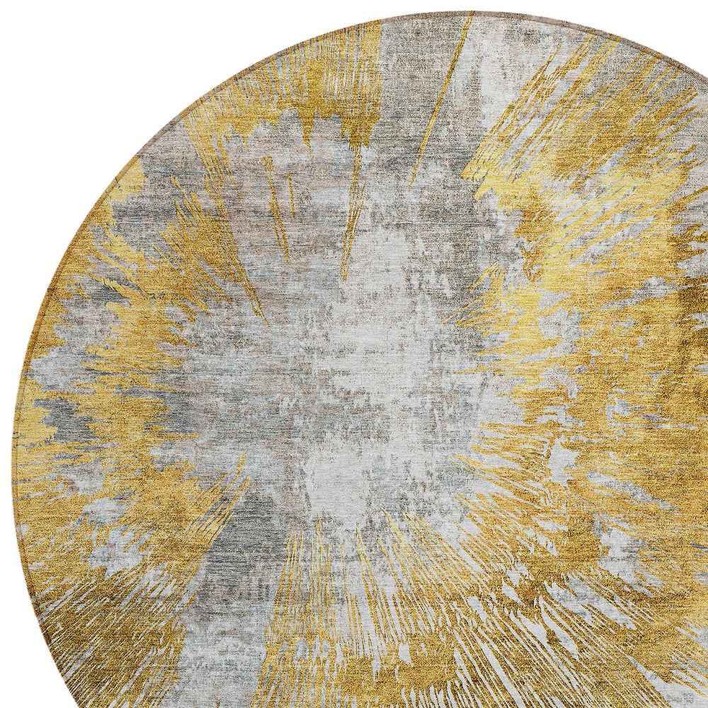 8' Gold Beige And Ivory Round Abstract Washable Indoor Outdoor Area Rug