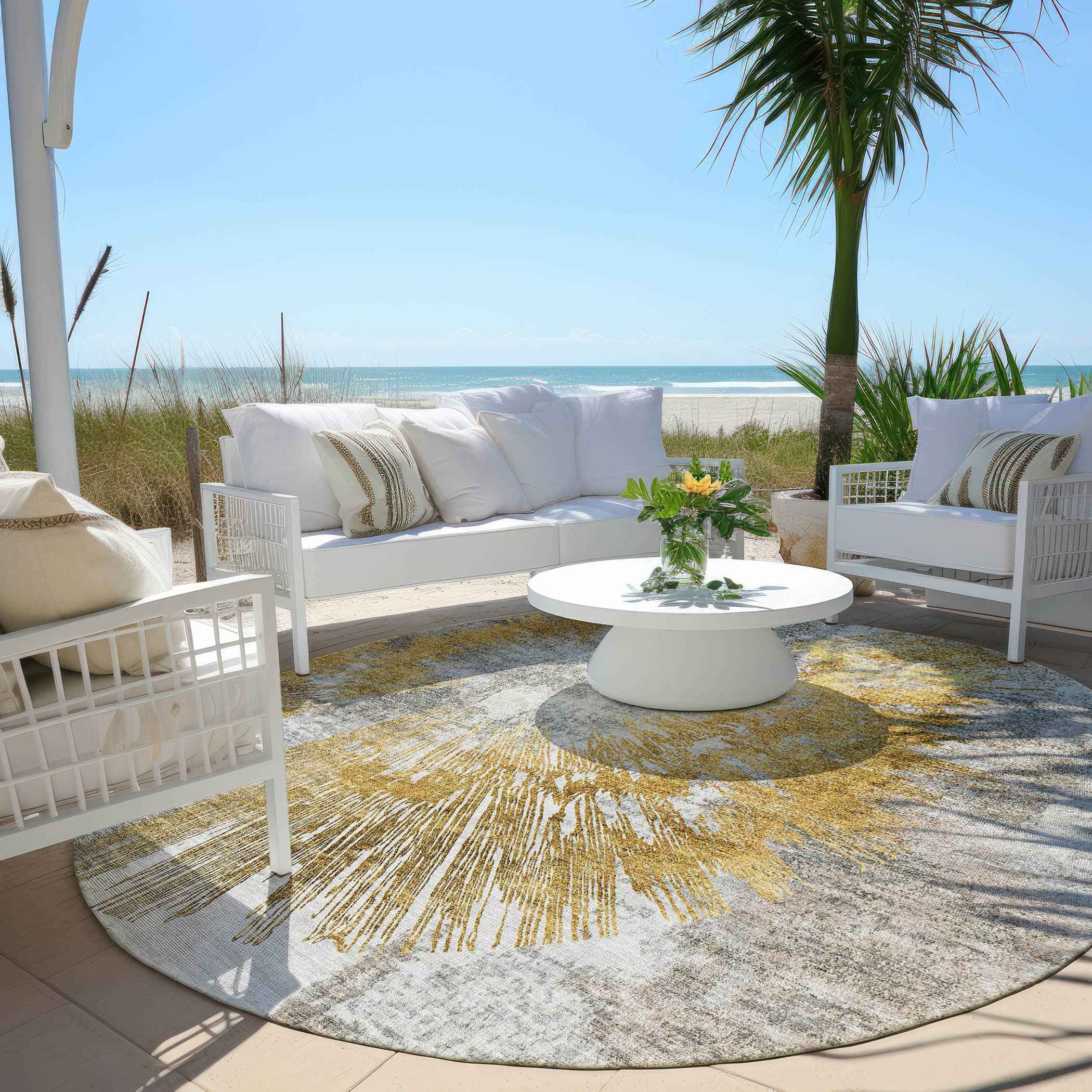 8' Gold Beige And Ivory Round Abstract Washable Indoor Outdoor Area Rug