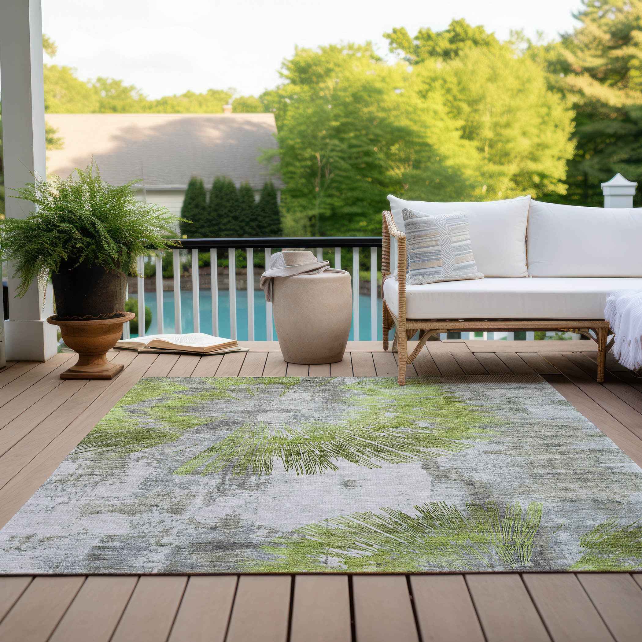 3' X 5' Artichoke Green Gray And Charcoal Abstract Washable Indoor Outdoor Area Rug