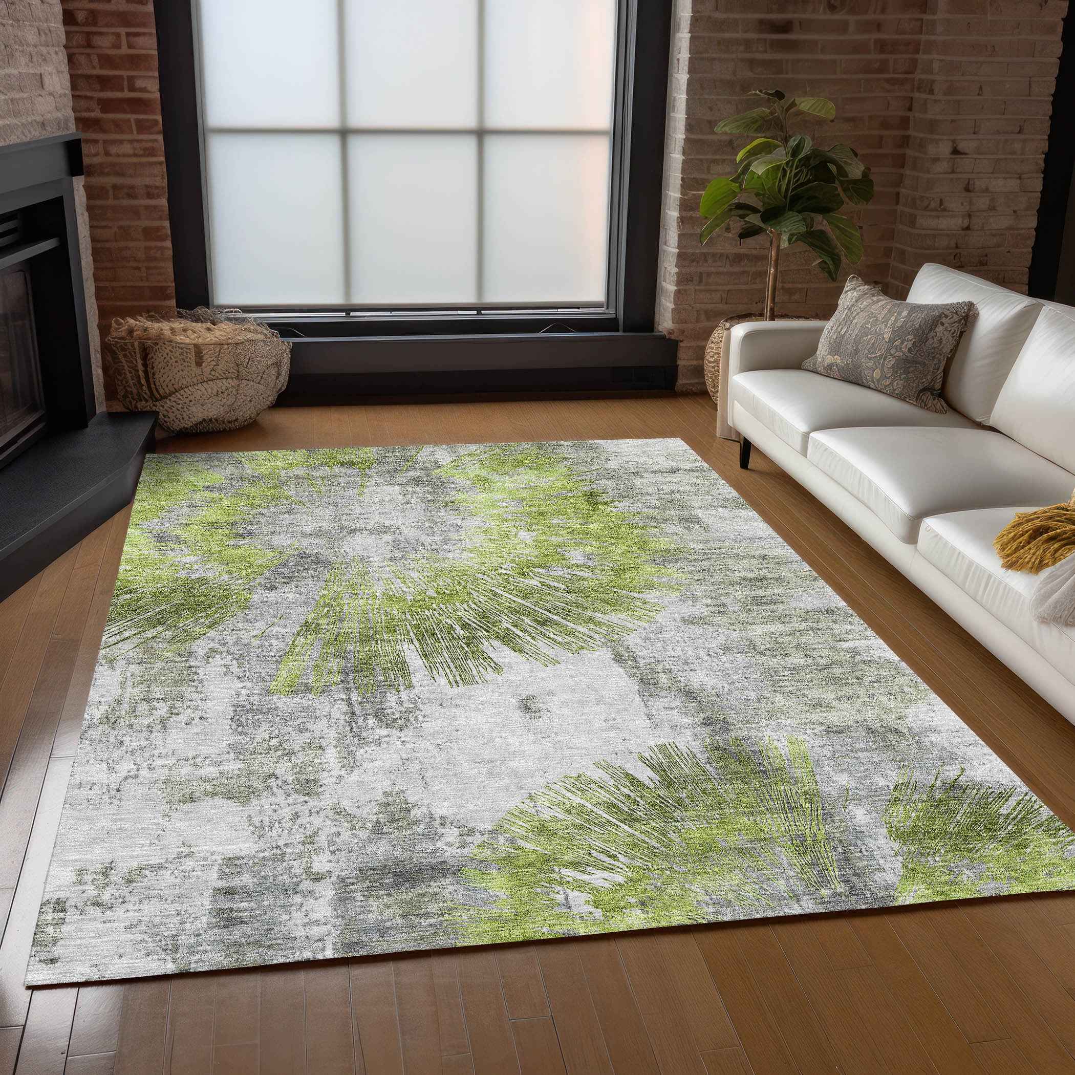 3' X 5' Artichoke Green Gray And Charcoal Abstract Washable Indoor Outdoor Area Rug