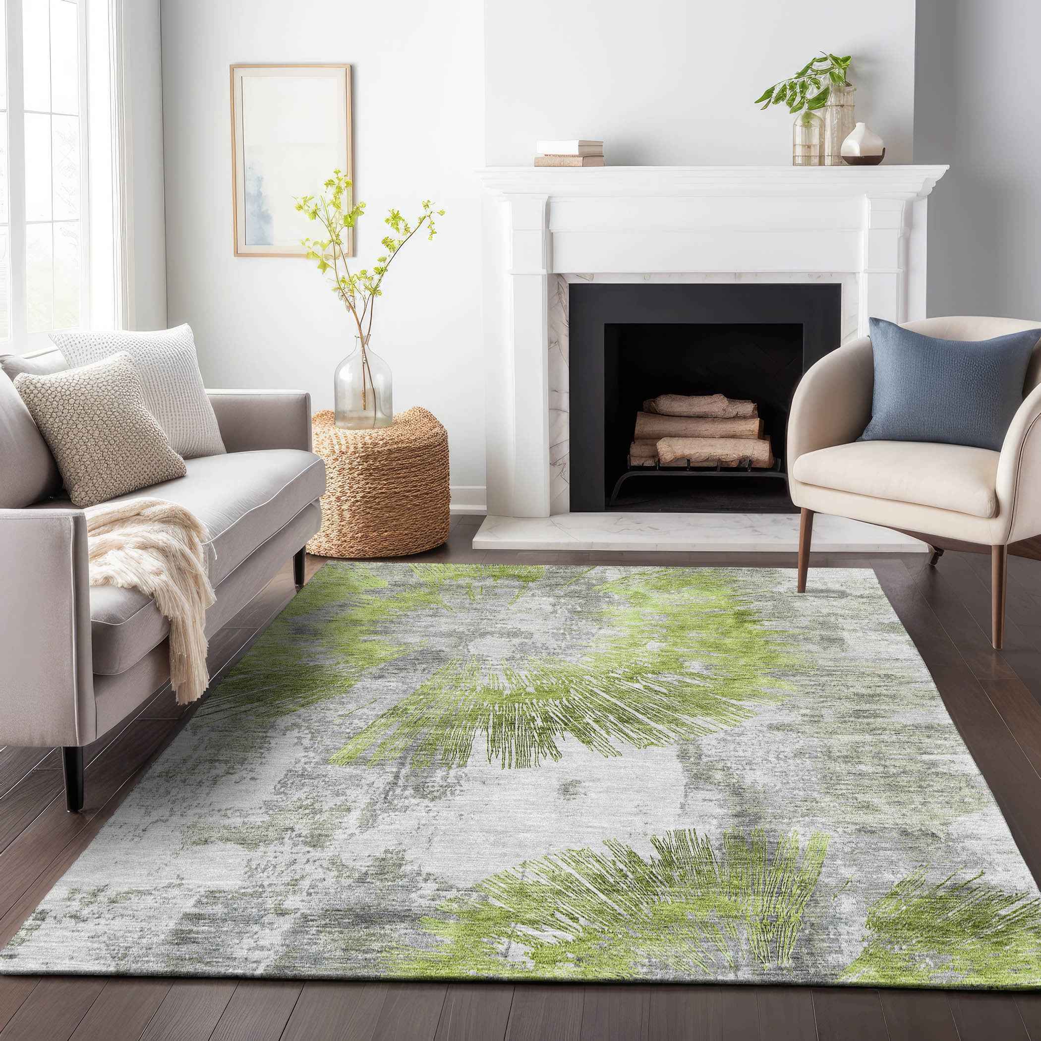 3' X 5' Artichoke Green Gray And Charcoal Abstract Washable Indoor Outdoor Area Rug