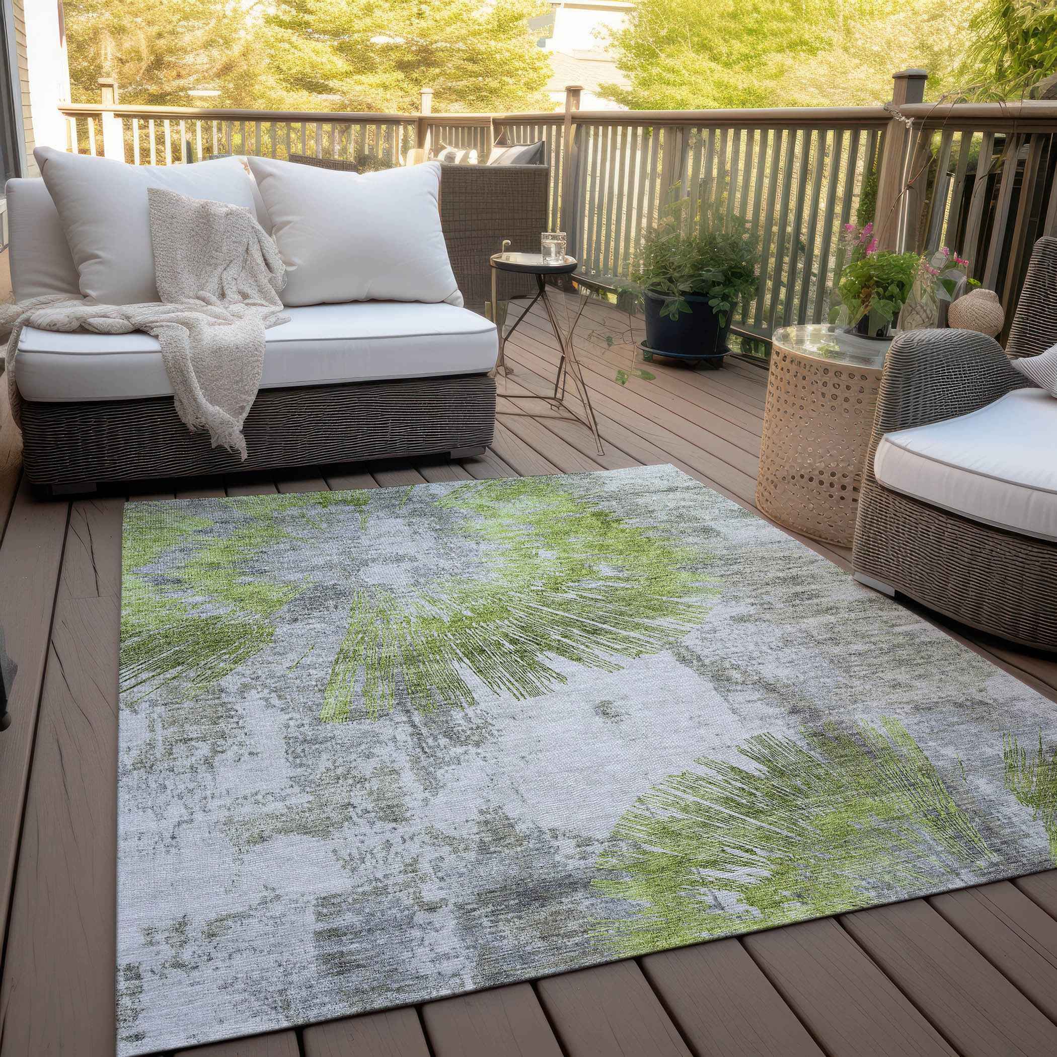 8' X 10' Artichoke Green Gray And Charcoal Abstract Washable Indoor Outdoor Area Rug