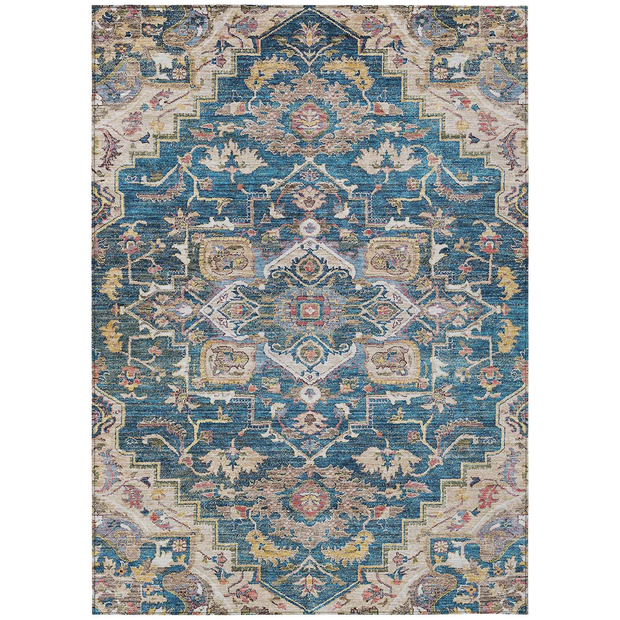 3' X 5' Blue Beige And Gold Oriental Washable Indoor Outdoor Area Rug