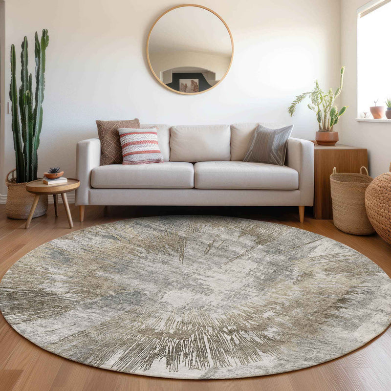 8' Taupe Beige And Brown Round Abstract Washable Indoor Outdoor Area Rug