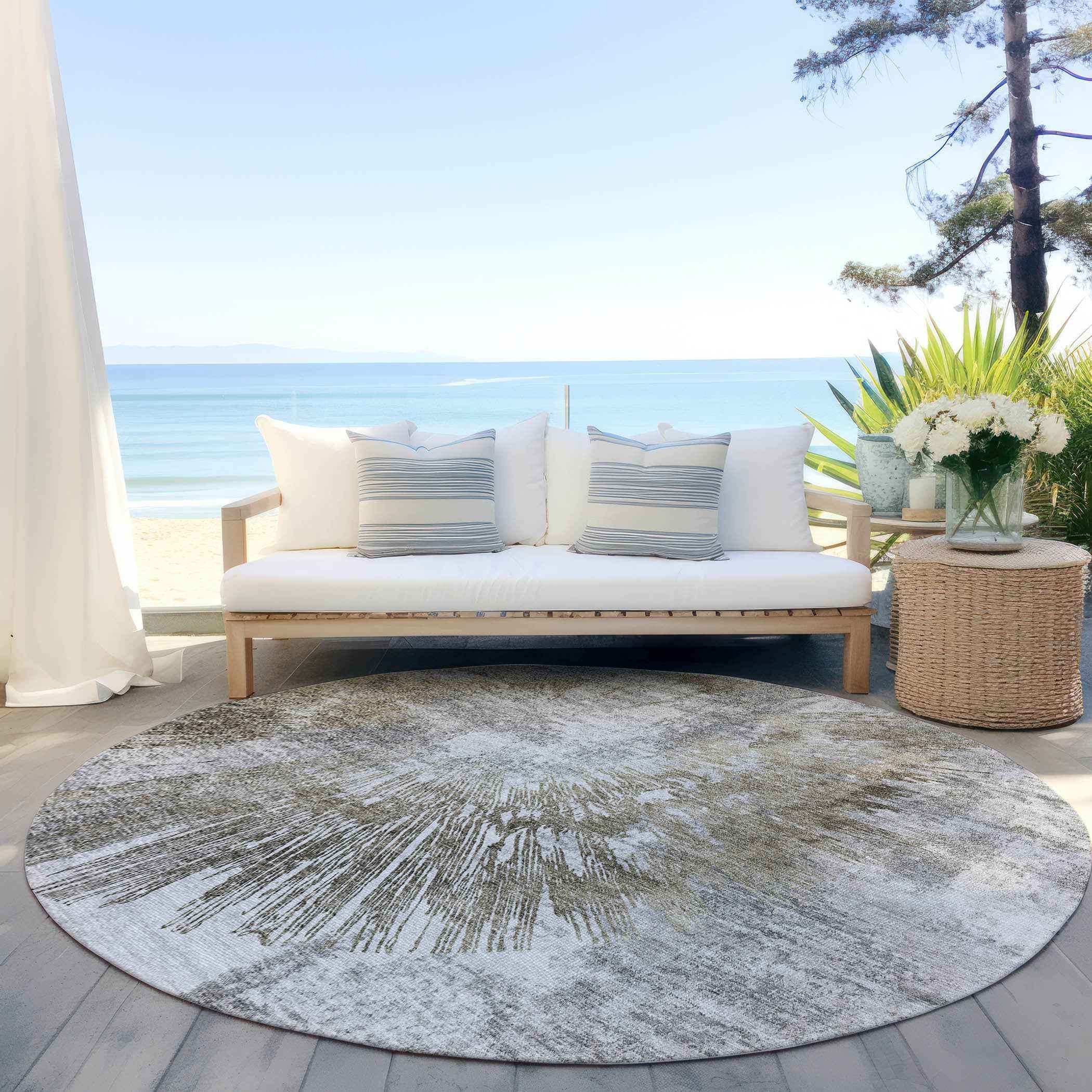 8' Taupe Beige And Brown Round Abstract Washable Indoor Outdoor Area Rug