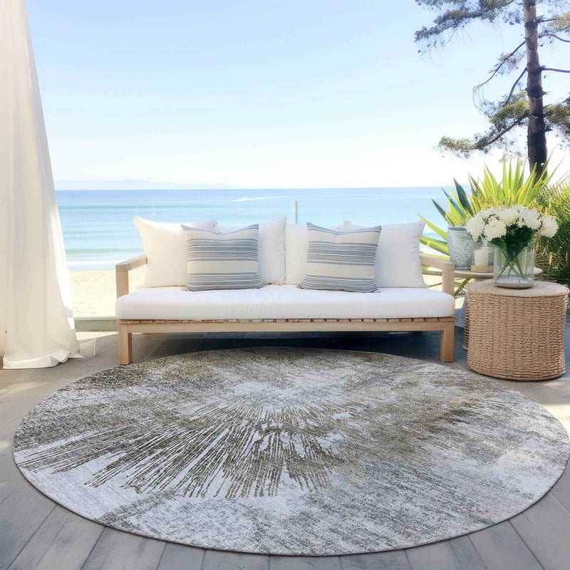 8' Taupe Beige And Brown Round Abstract Washable Indoor Outdoor Area Rug