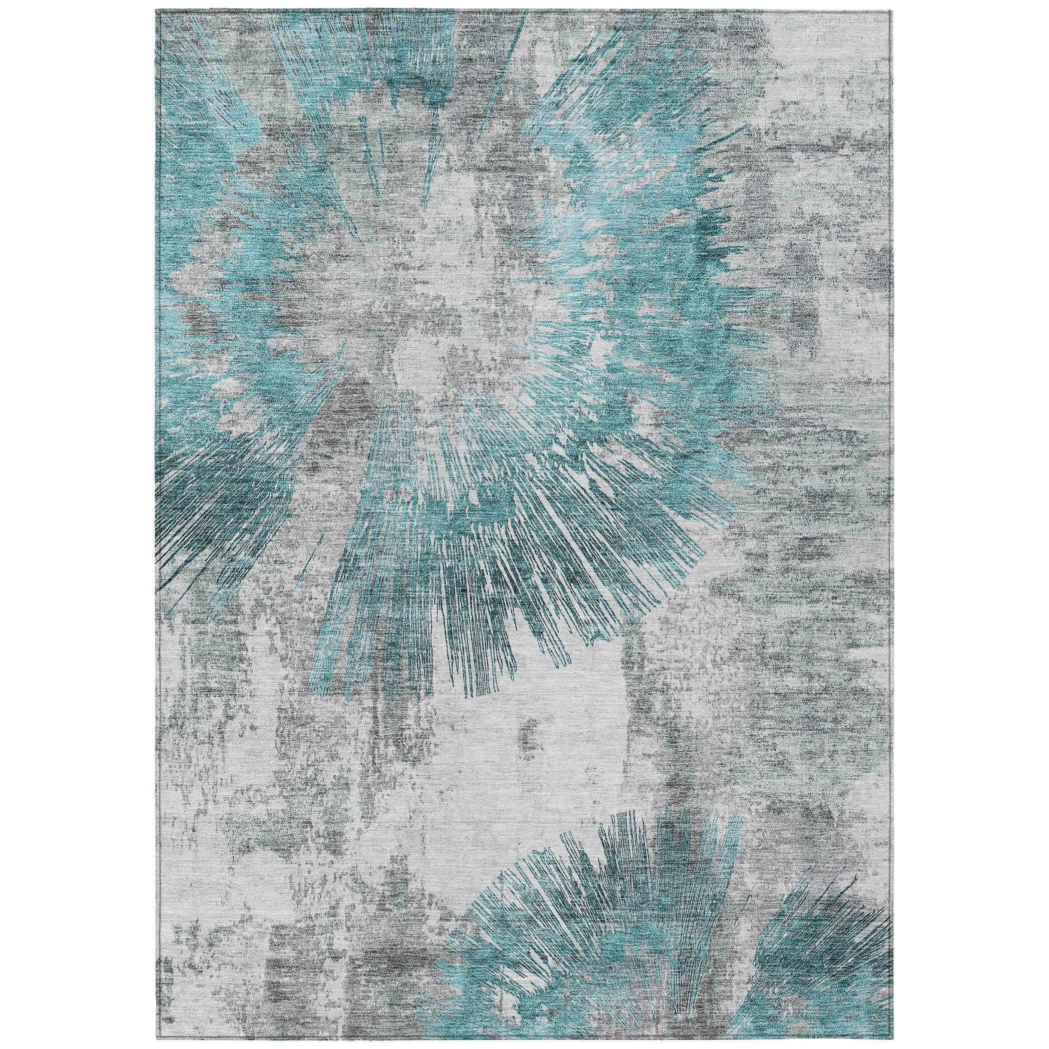3' X 5' Teal Blue Aqua And Gray Abstract Washable Indoor Outdoor Area Rug