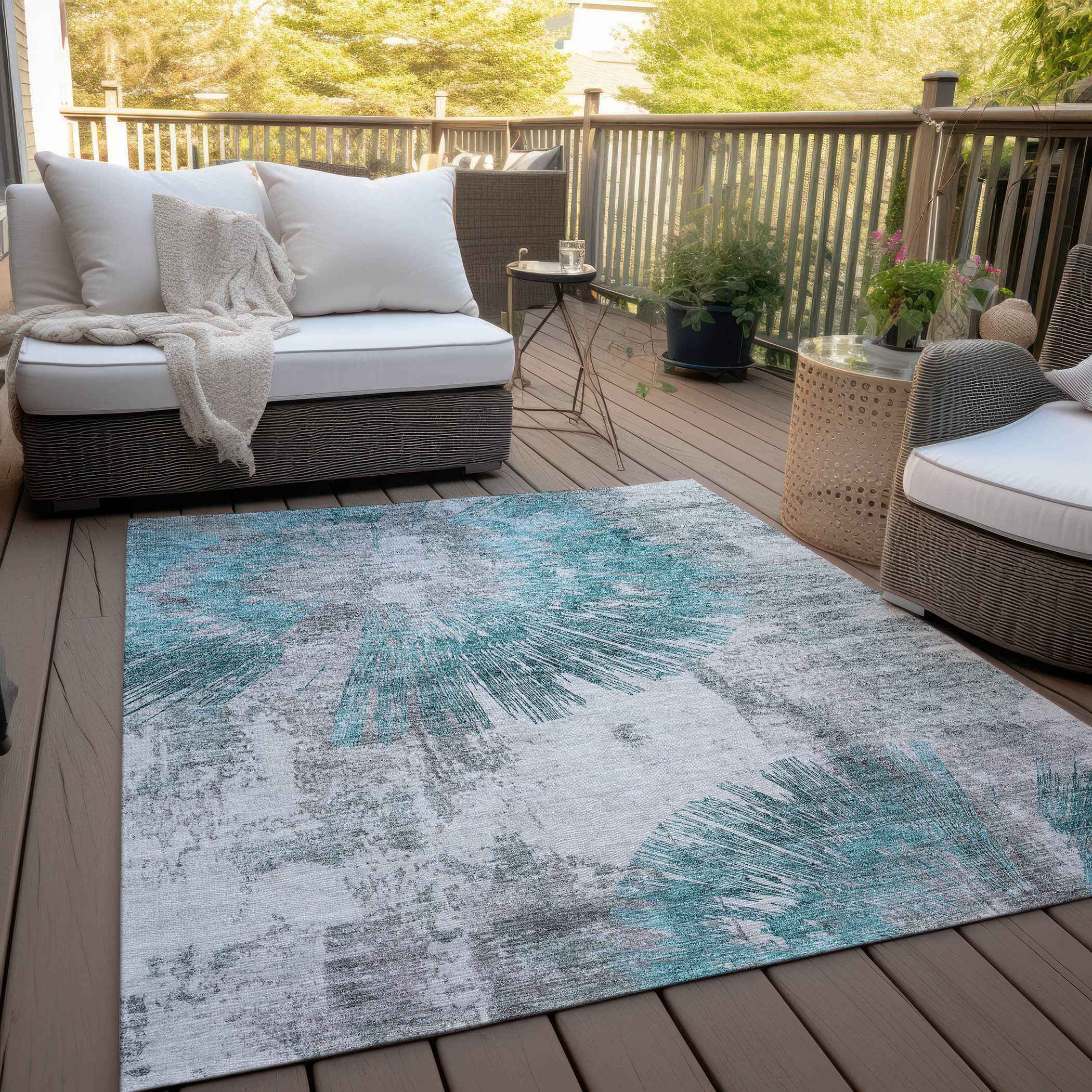3' X 5' Teal Blue Aqua And Gray Abstract Washable Indoor Outdoor Area Rug