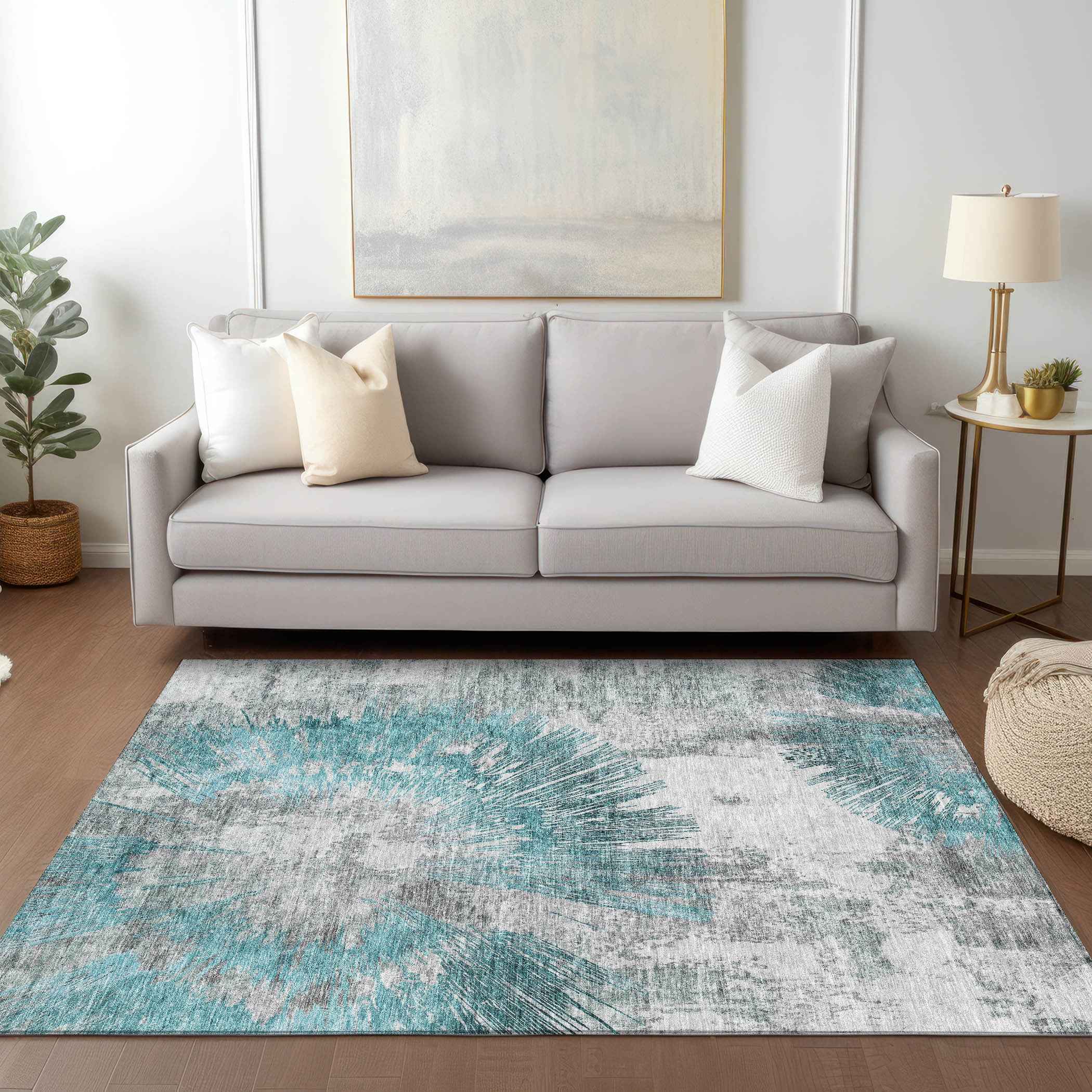 3' X 5' Teal Blue Aqua And Gray Abstract Washable Indoor Outdoor Area Rug