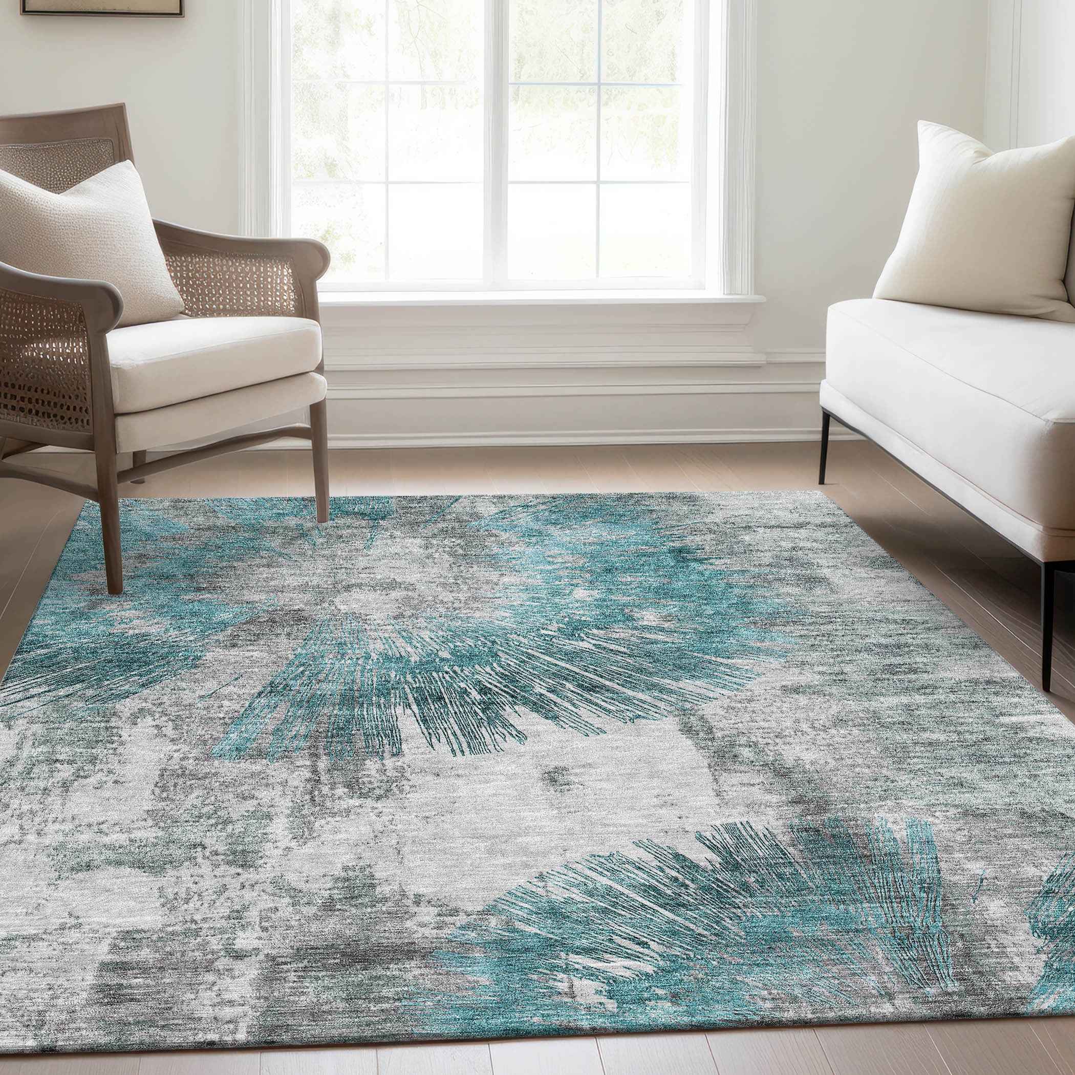 3' X 5' Teal Blue Aqua And Gray Abstract Washable Indoor Outdoor Area Rug