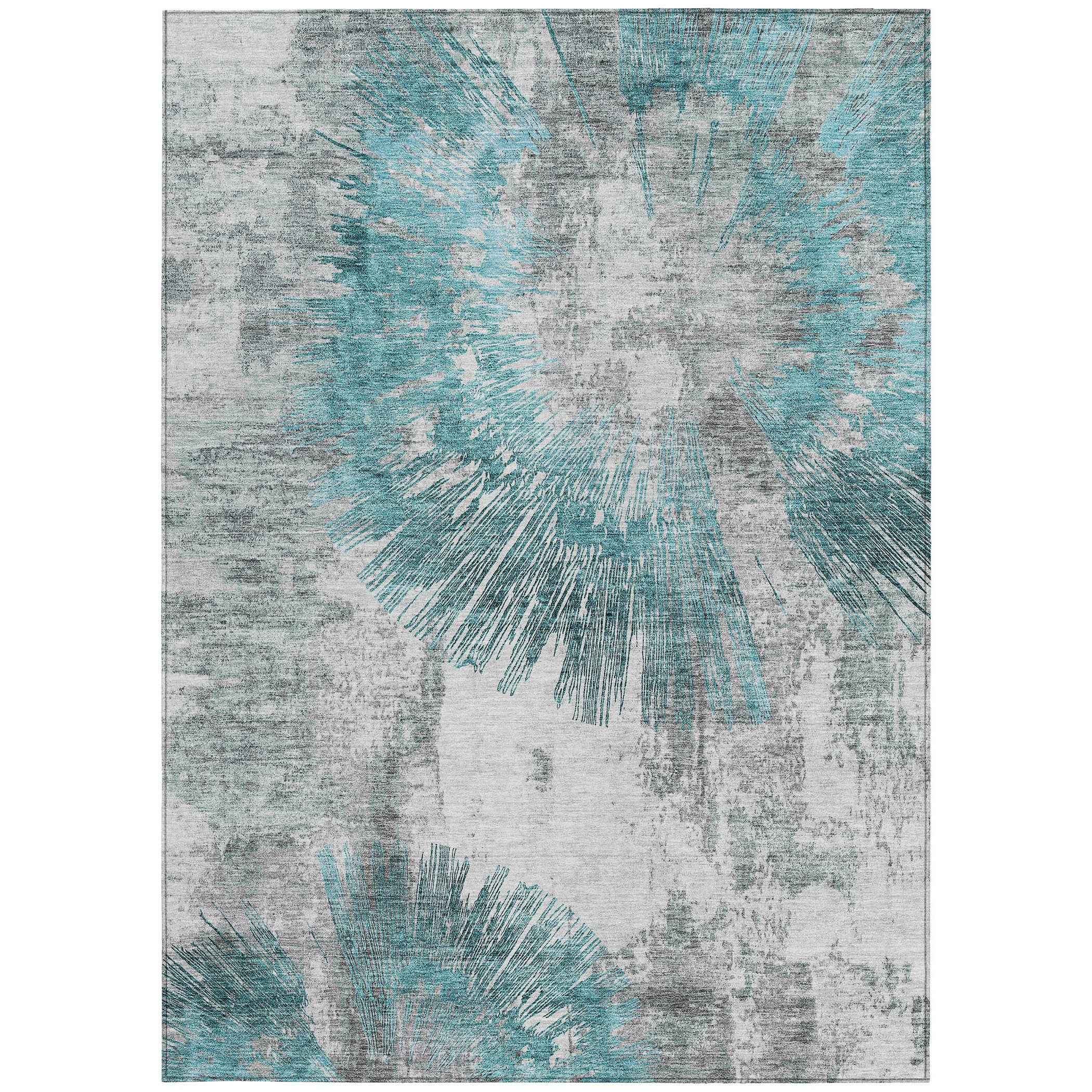 3' X 5' Teal Blue Aqua And Gray Abstract Washable Indoor Outdoor Area Rug