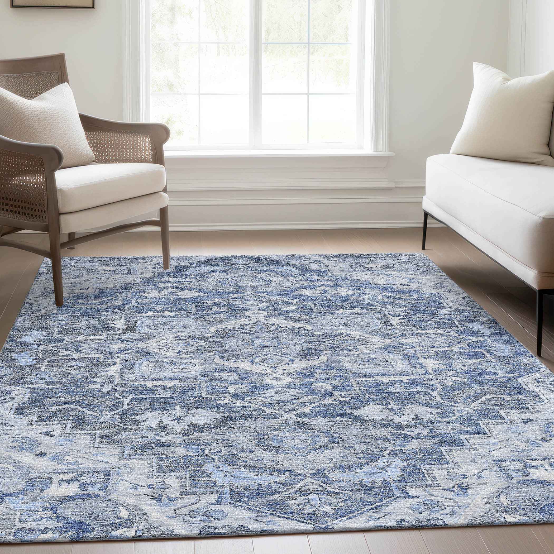 3' X 5' Denim Blue And Sky Blue Oriental Washable Indoor Outdoor Area Rug