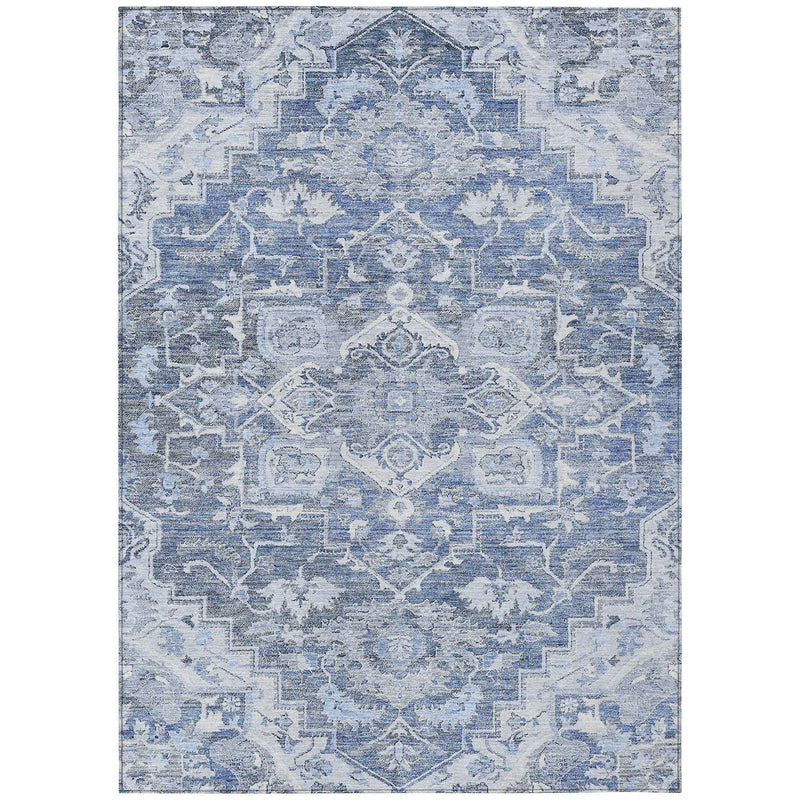 3' X 5' Denim Blue And Sky Blue Oriental Washable Indoor Outdoor Area Rug
