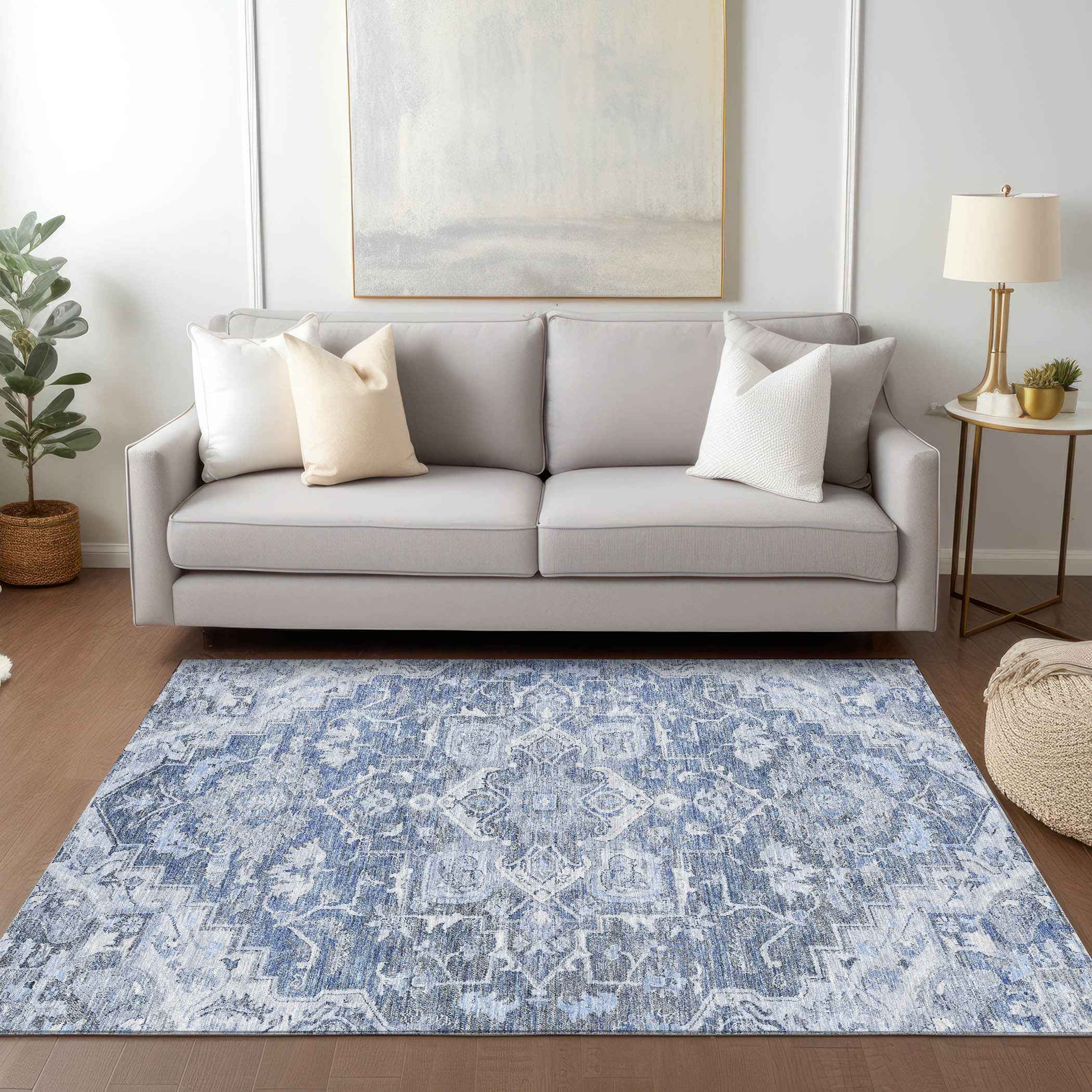 3' X 5' Denim Blue And Sky Blue Oriental Washable Indoor Outdoor Area Rug