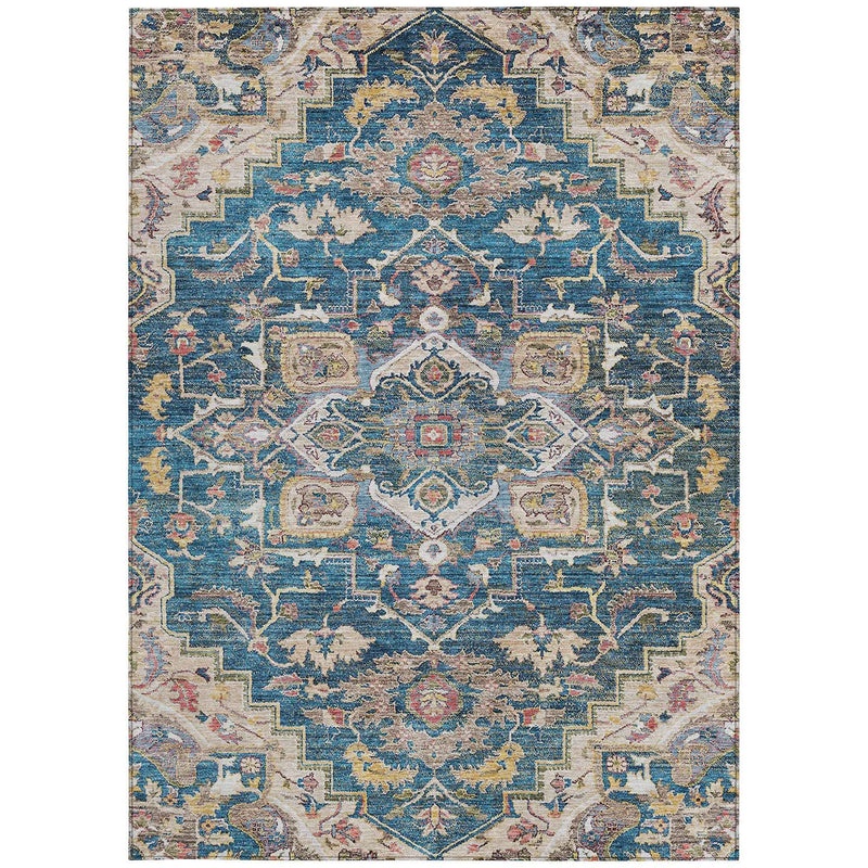 8' X 10' Blue Beige And Gold Oriental Washable Indoor Outdoor Area Rug