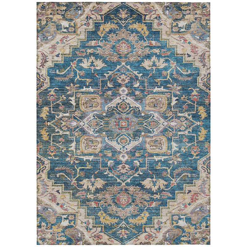 8' X 10' Blue Beige And Gold Oriental Washable Indoor Outdoor Area Rug