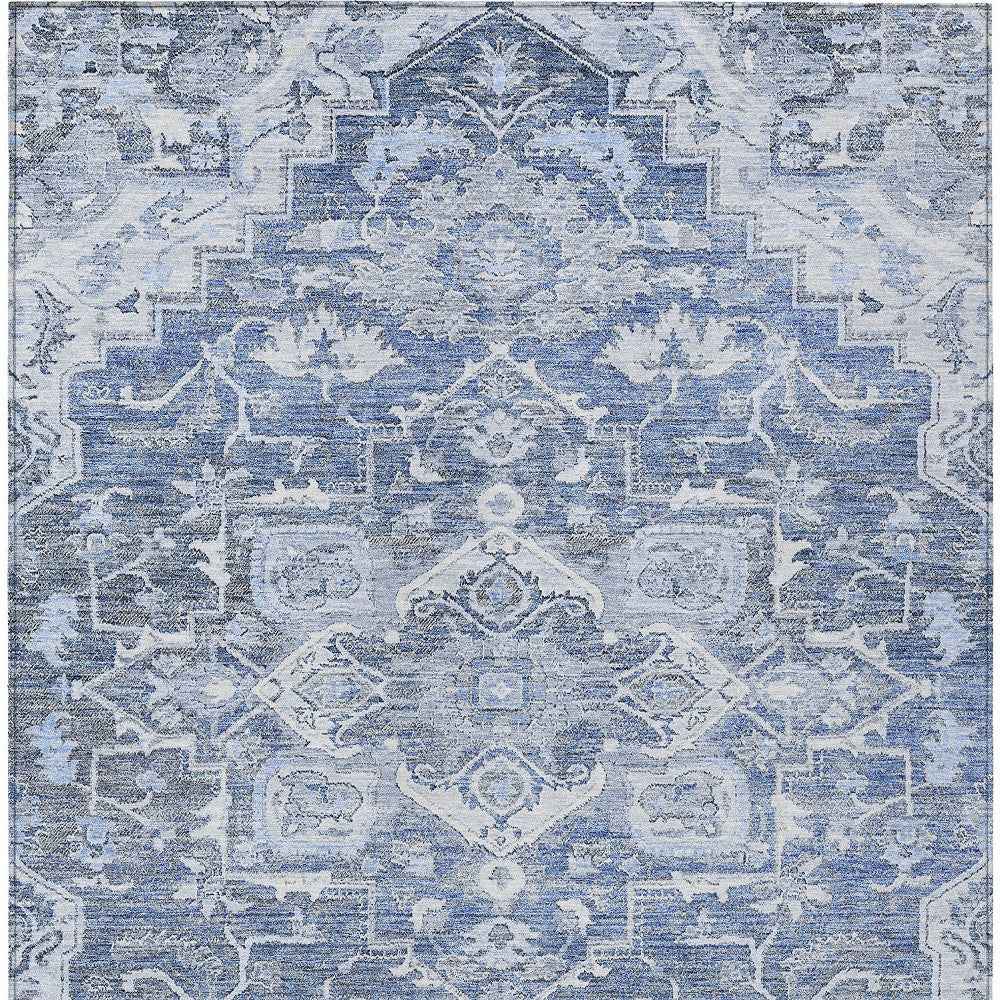 3' X 5' Denim Blue And Sky Blue Oriental Washable Indoor Outdoor Area Rug