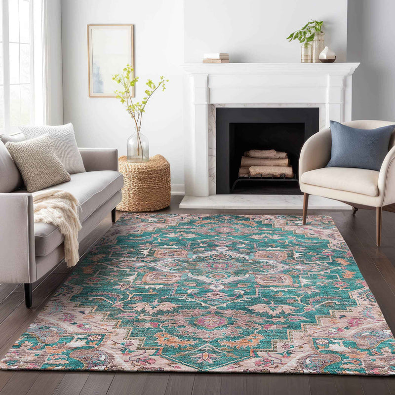 3' X 5' Emerald Teal Blue And Beige Oriental Washable Indoor Outdoor Area Rug