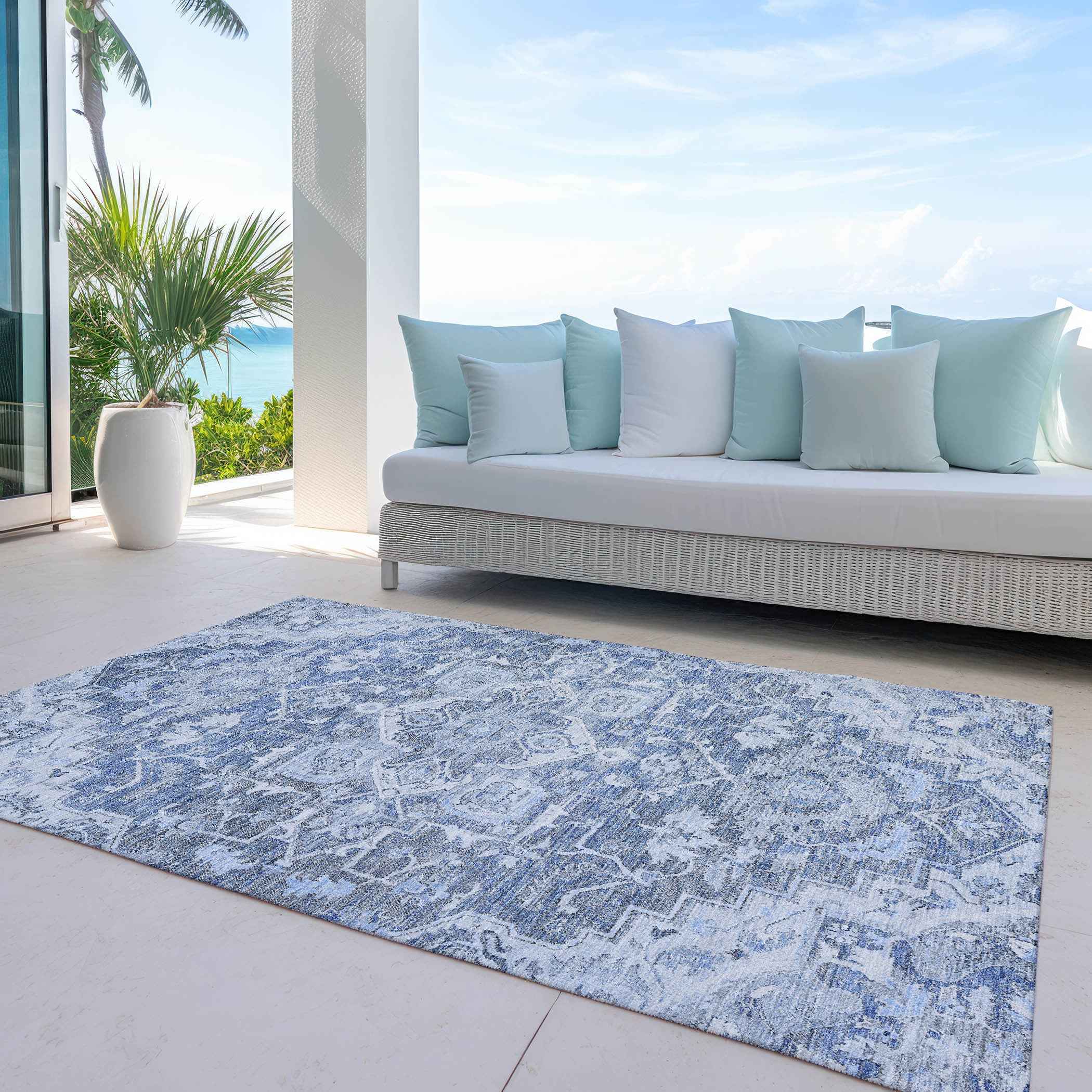 3' X 5' Denim Blue And Sky Blue Oriental Washable Indoor Outdoor Area Rug