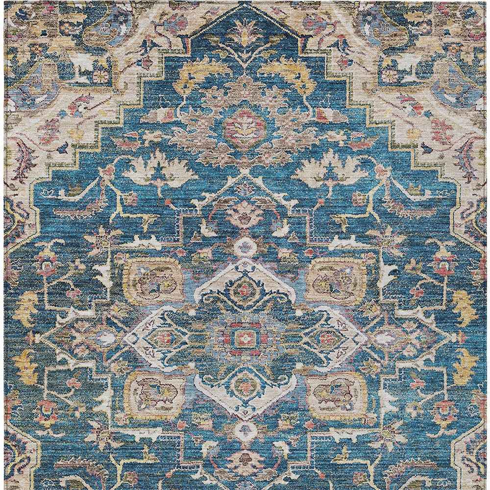 8' X 10' Blue Beige And Gold Oriental Washable Indoor Outdoor Area Rug