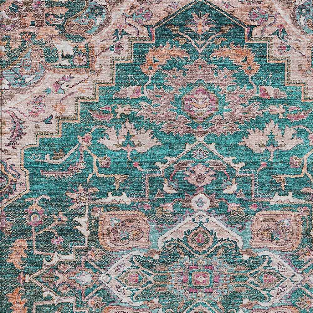 3' X 5' Emerald Teal Blue And Beige Oriental Washable Indoor Outdoor Area Rug