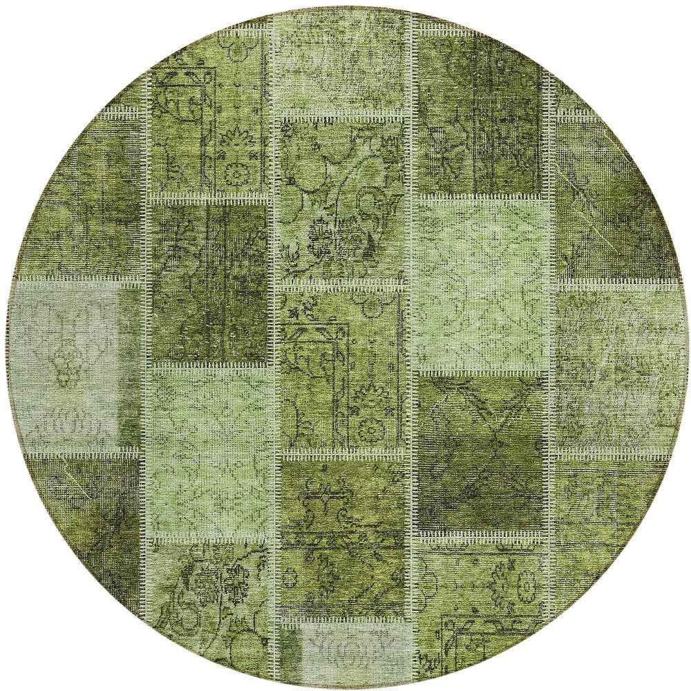 8' Olive Green And Artichoke Green Round Patchwork Washable Indoor Outdoor Area Rug