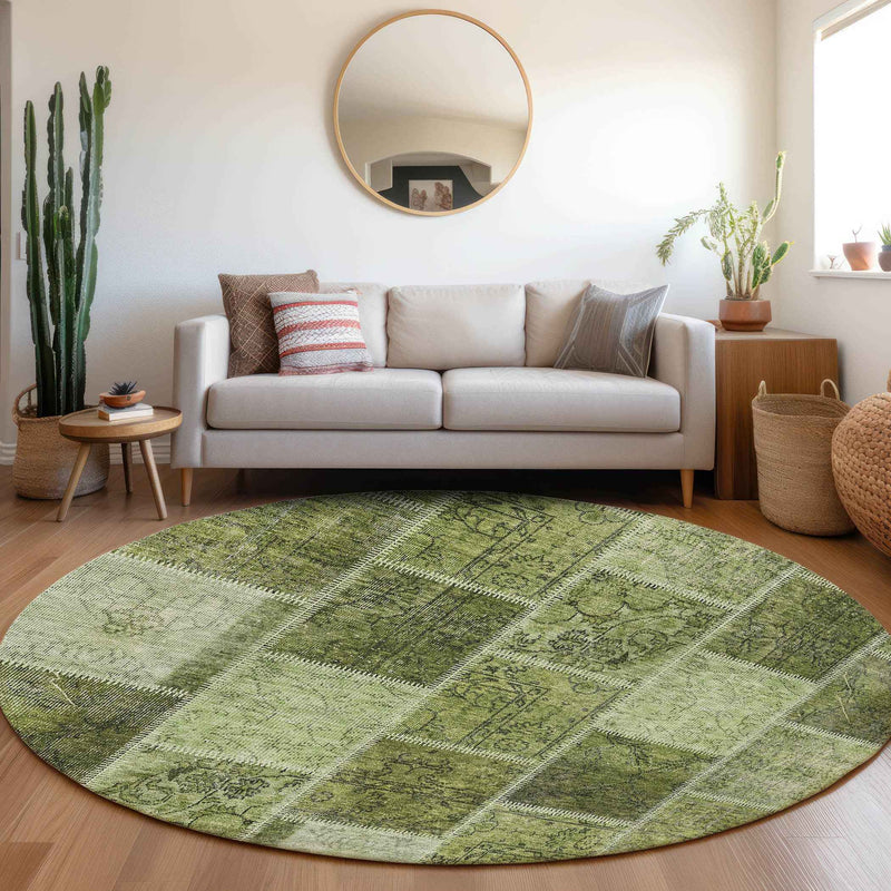 8' Olive Green And Artichoke Green Round Patchwork Washable Indoor Outdoor Area Rug