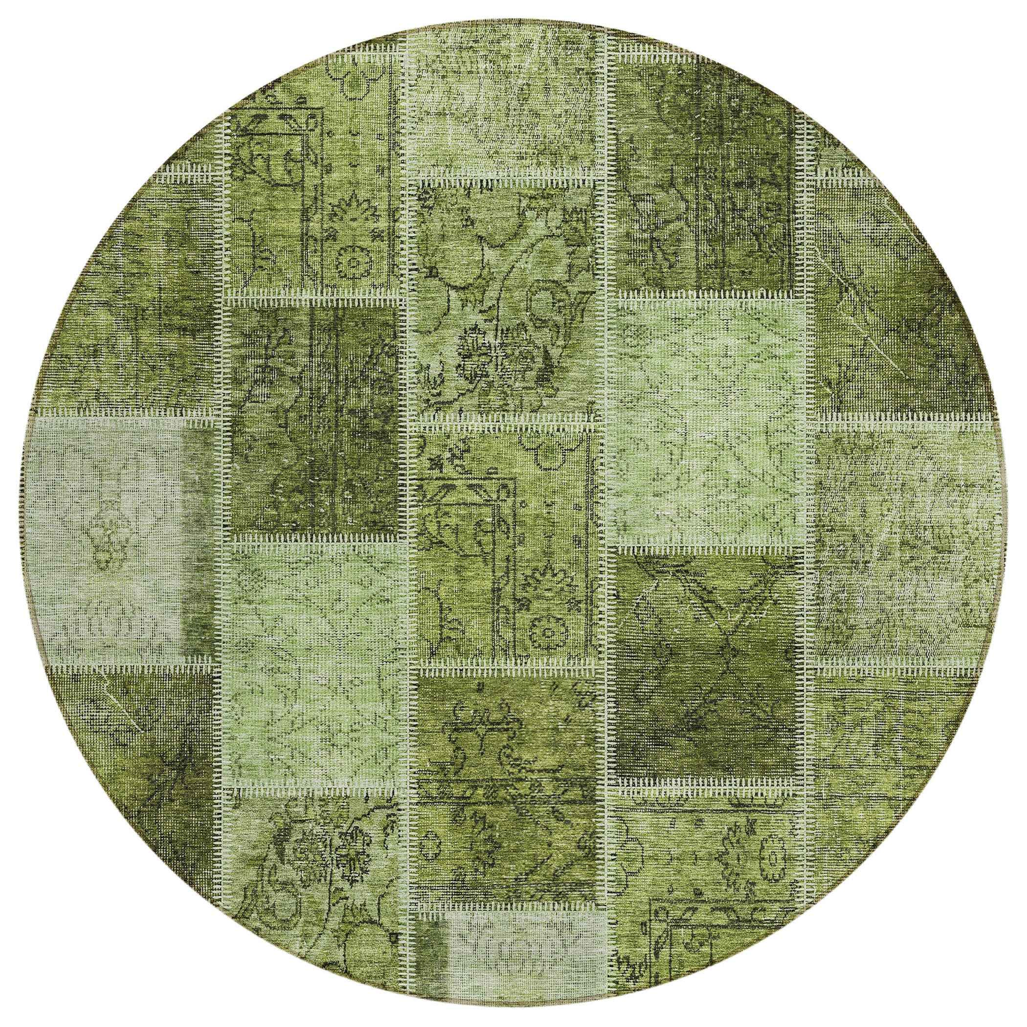 8' Olive Green And Artichoke Green Round Patchwork Washable Indoor Outdoor Area Rug