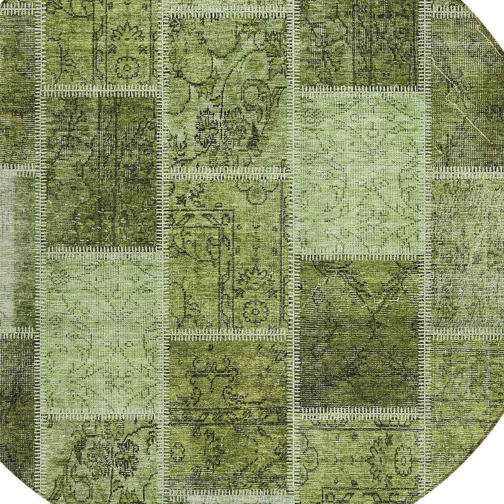 8' Olive Green And Artichoke Green Round Patchwork Washable Indoor Outdoor Area Rug