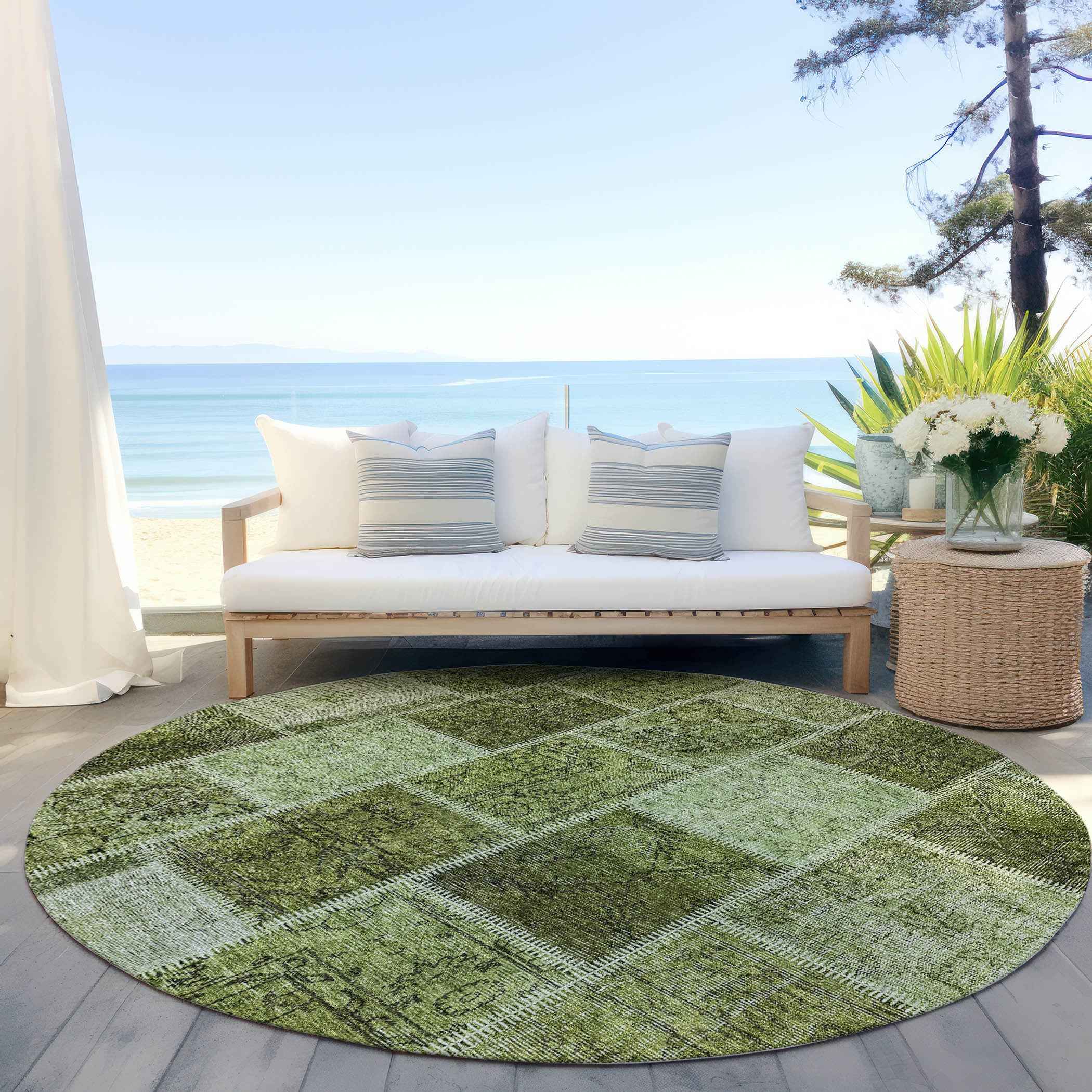 8' Olive Green And Artichoke Green Round Patchwork Washable Indoor Outdoor Area Rug