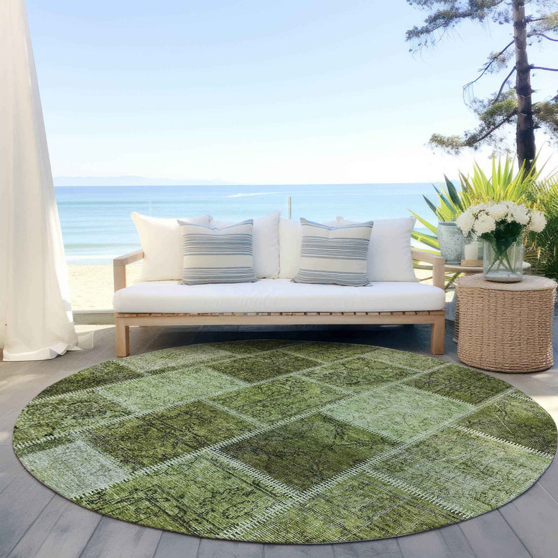 8' Olive Green And Artichoke Green Round Patchwork Washable Indoor Outdoor Area Rug