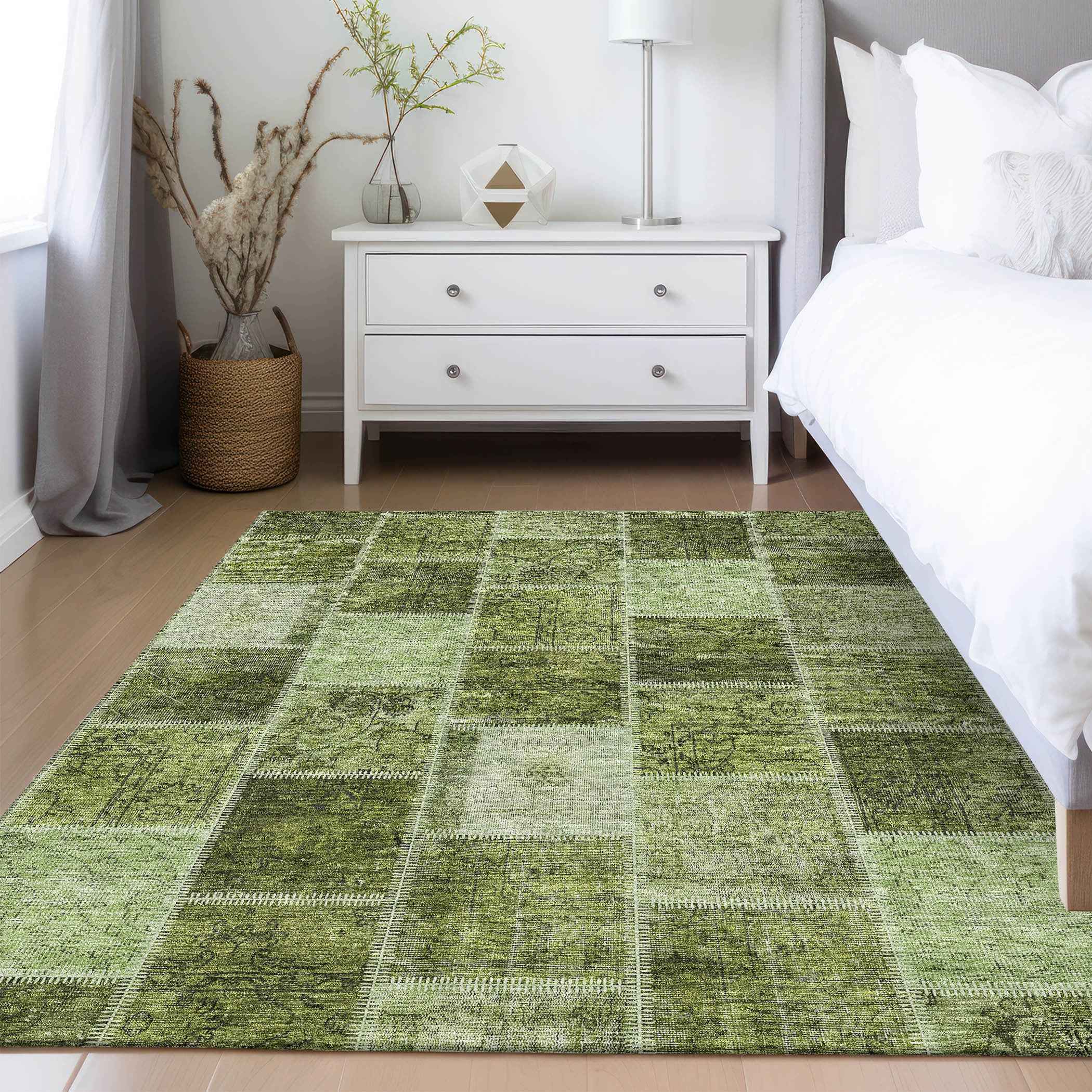 3' X 5' Olive Green And Artichoke Green Patchwork Washable Indoor Outdoor Area Rug