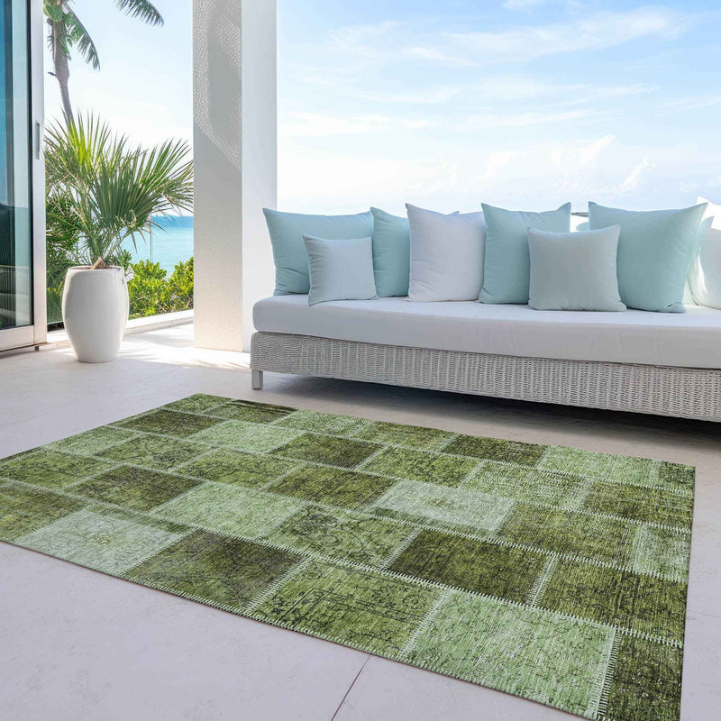 3' X 5' Olive Green And Artichoke Green Patchwork Washable Indoor Outdoor Area Rug
