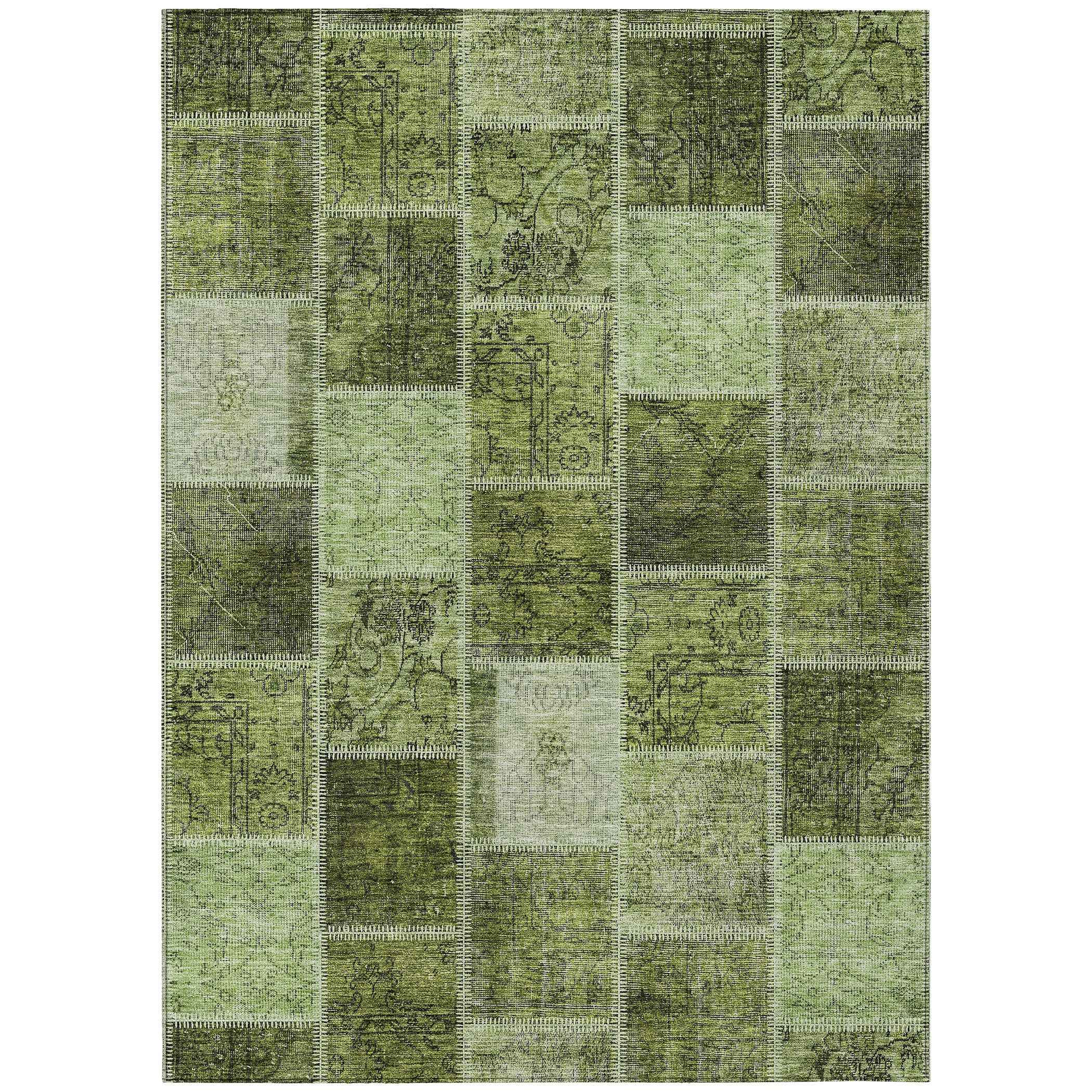 3' X 5' Olive Green And Artichoke Green Patchwork Washable Indoor Outdoor Area Rug