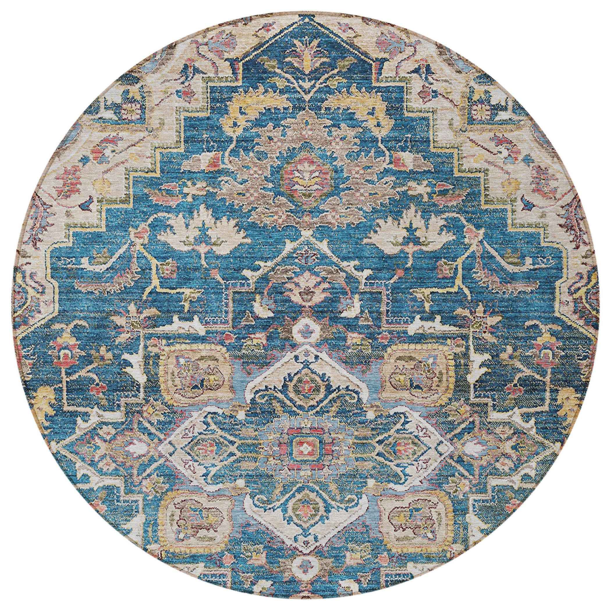 8' Blue Beige And Gold Round Oriental Washable Indoor Outdoor Area Rug