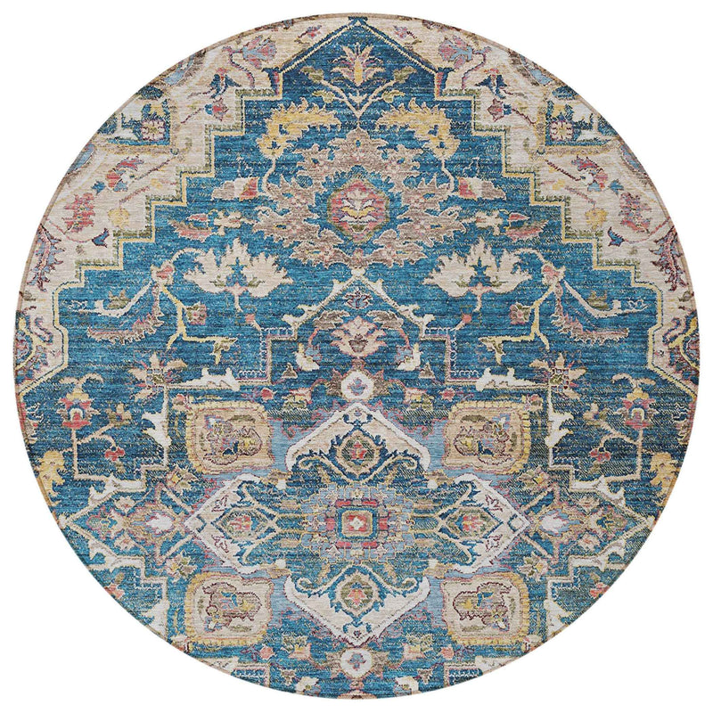 8' Blue Beige And Gold Round Oriental Washable Indoor Outdoor Area Rug