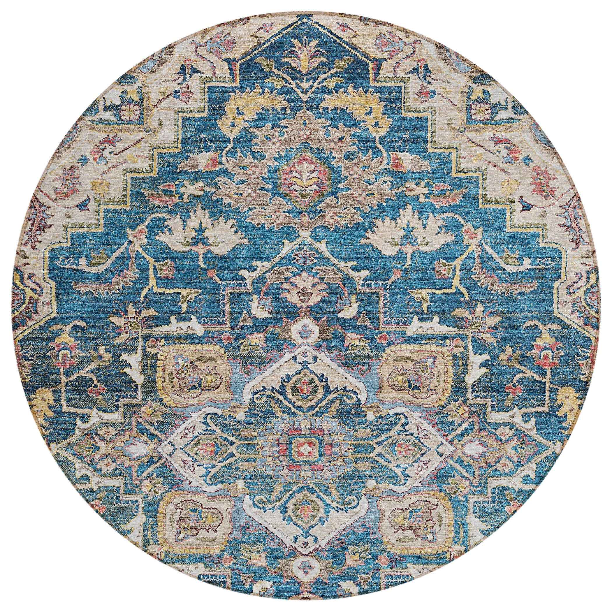 8' Blue Beige And Gold Round Oriental Washable Indoor Outdoor Area Rug