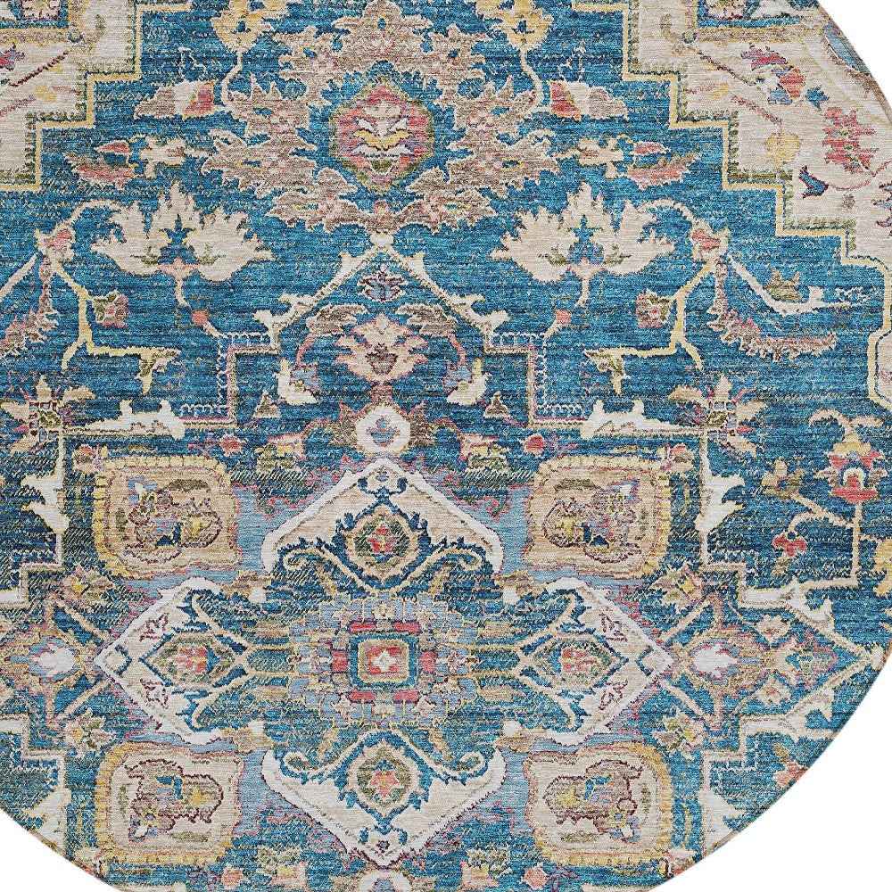 8' Blue Beige And Gold Round Oriental Washable Indoor Outdoor Area Rug